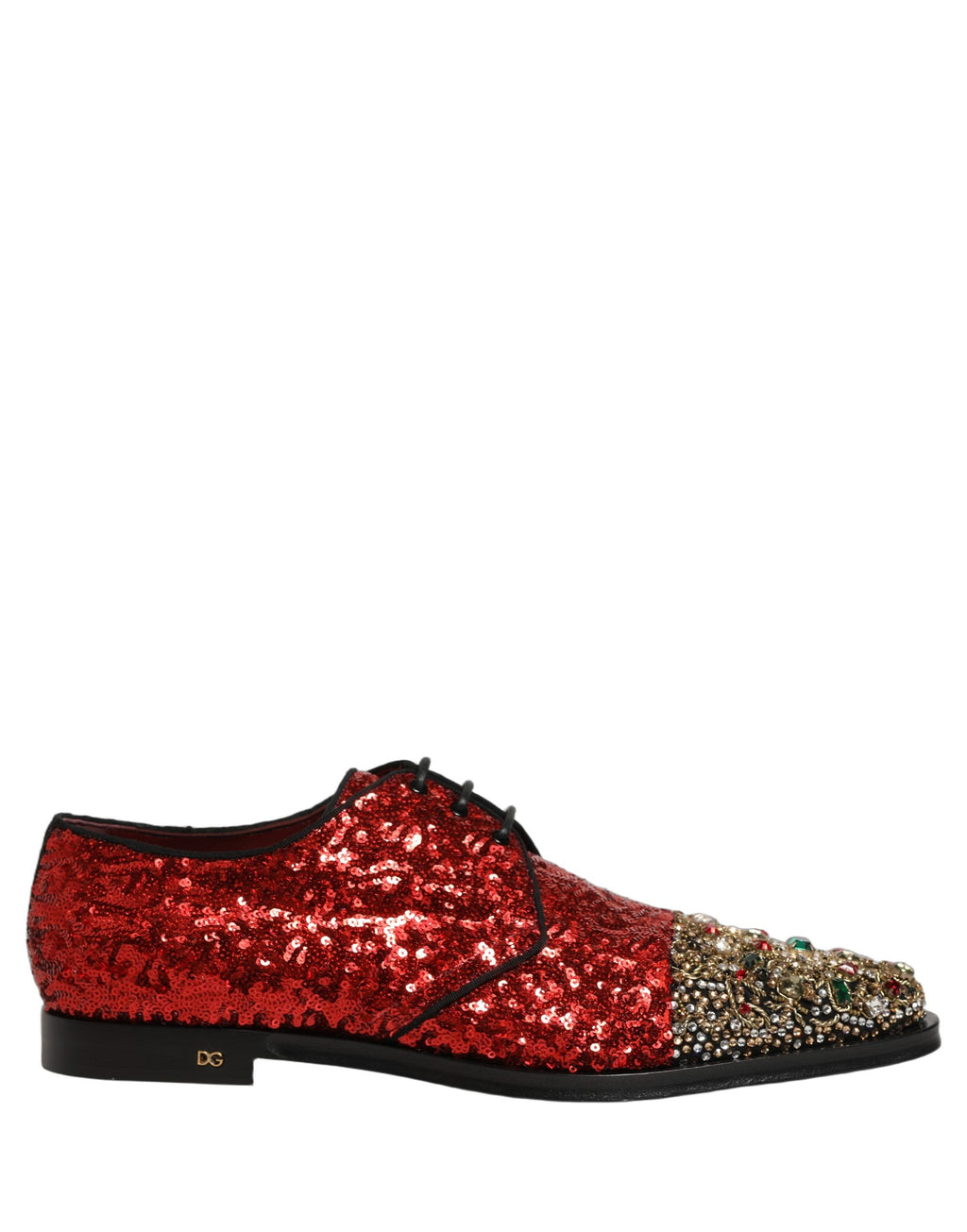 Dolce & Gabbana Rote Pailletten Verzierte Herren Derby Lackschuhe