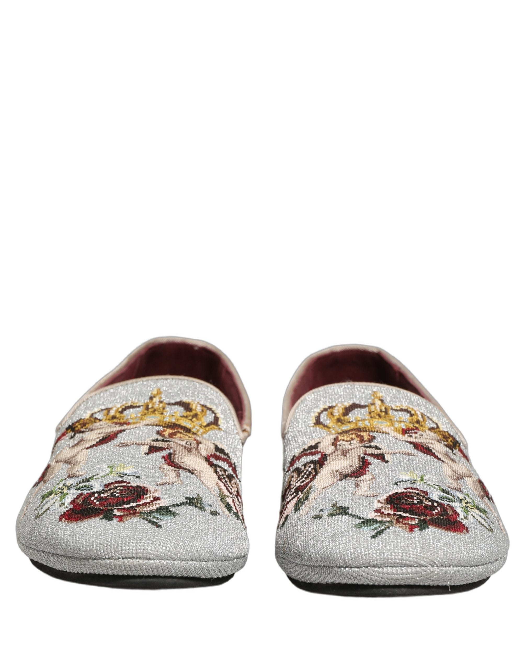 Dolce & Gabbana Graue Crown Rose Engel Stickerei Loafer Schuhe