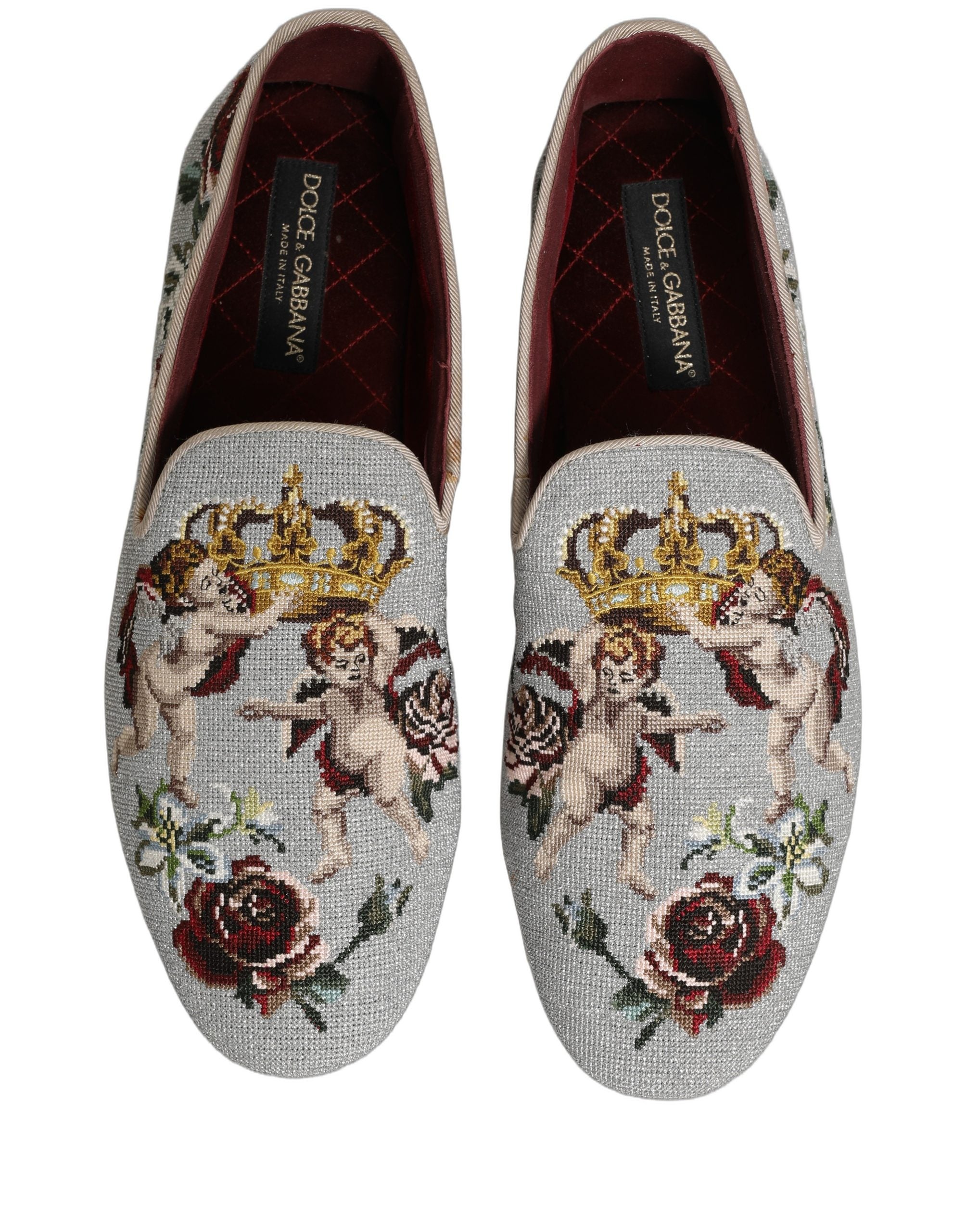 Dolce & Gabbana Graue Crown Rose Engel Stickerei Loafer Schuhe
