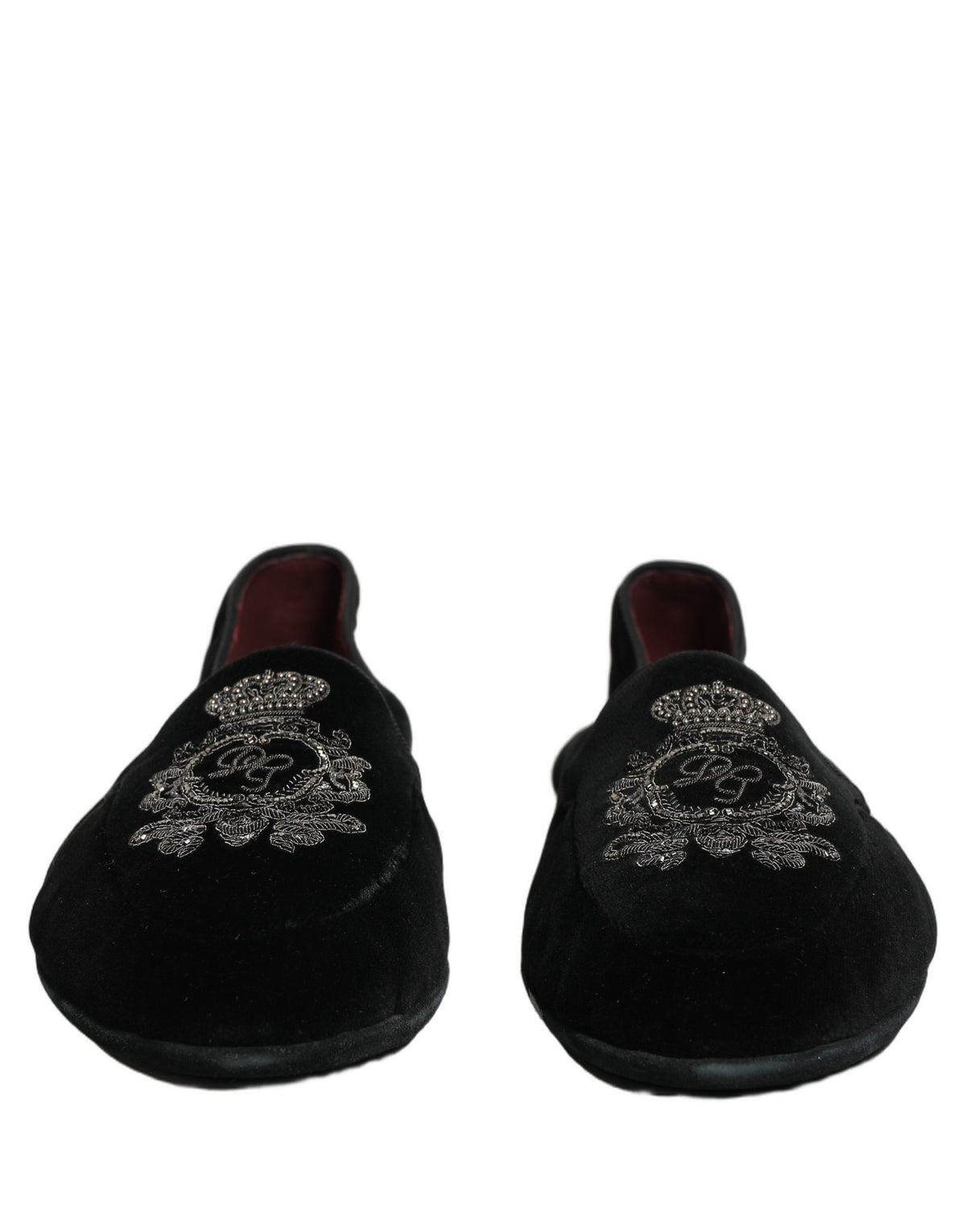 Dolce & Gabbana Black Velvet Crown Embroidery Loafers Shoes