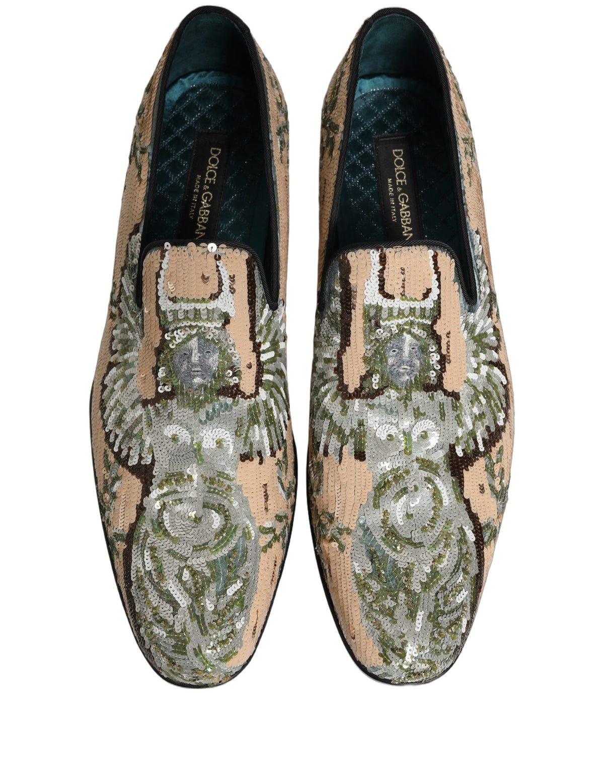 Dolce & Gabbana Beige Sequin Embroidery Dress Loafers Shoes