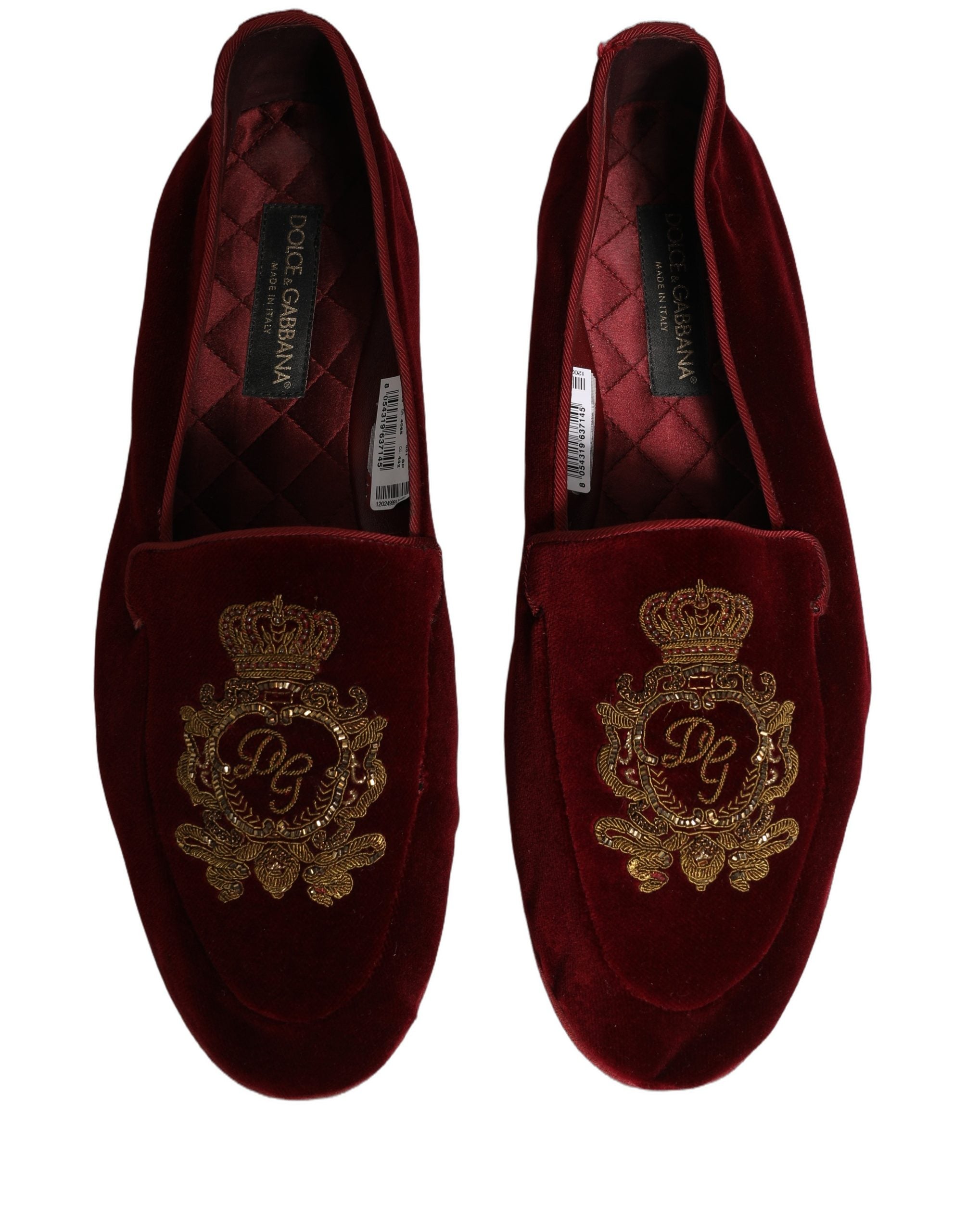Dolce & Gabbana Bordeauxrote Samt Loafer mit Kronenstickerei
