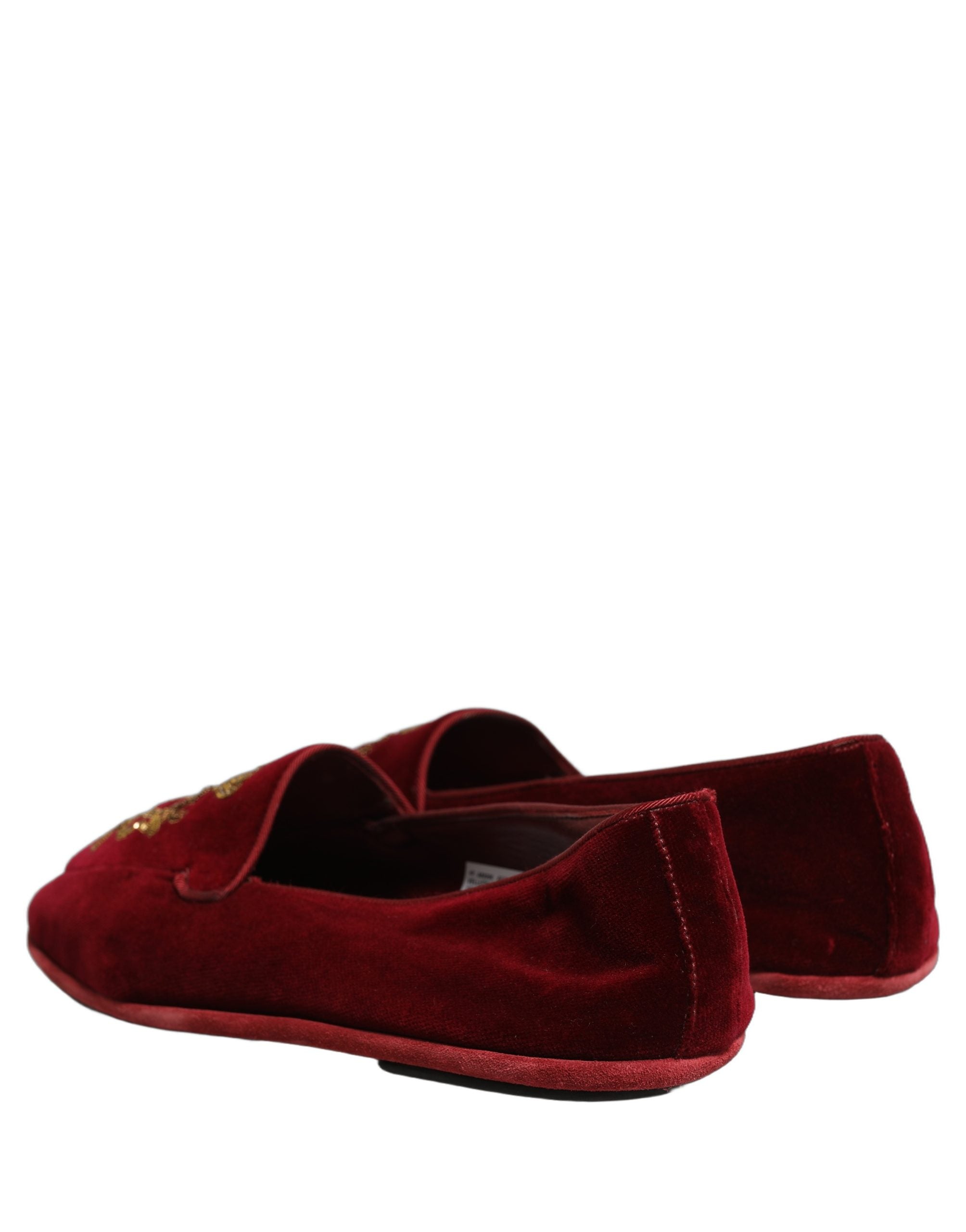 Dolce & Gabbana Bordeauxrote Samt Loafer mit Kronenstickerei