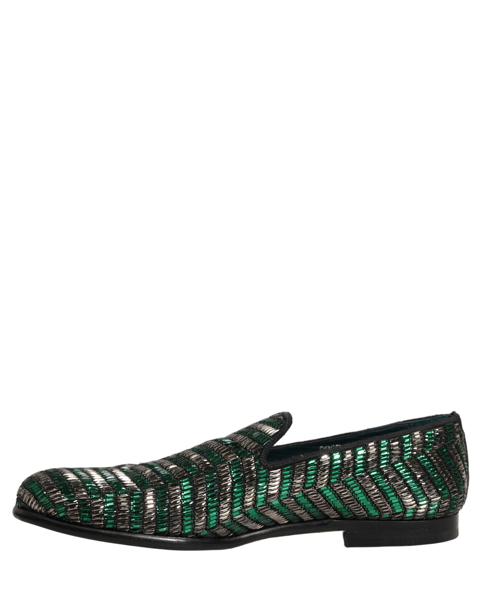 Dolce & Gabbana Silber Grüne Verzierte Kleid Mokassins Schuhe