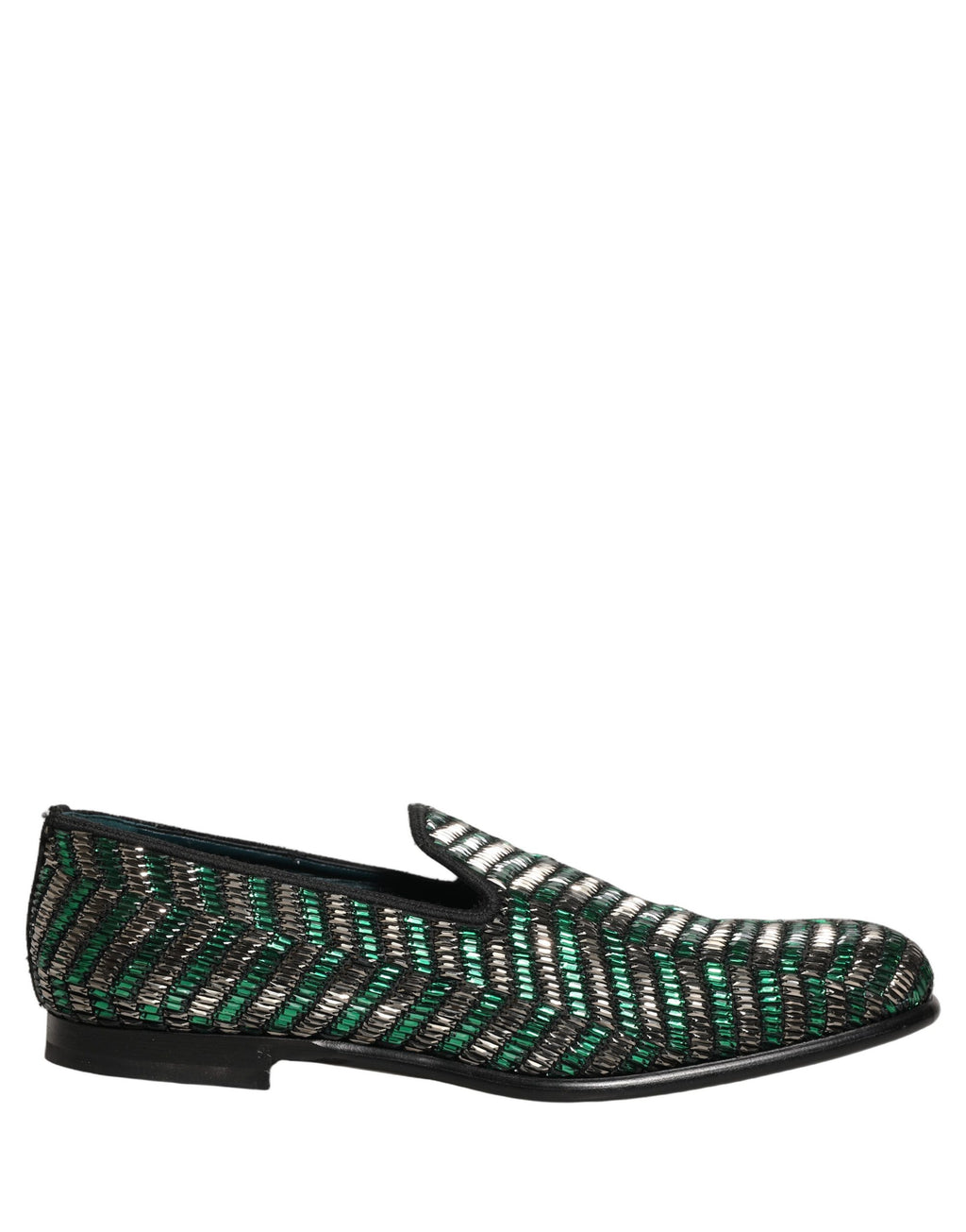 Dolce & Gabbana Silber Grüne Verzierte Kleid Mokassins Schuhe