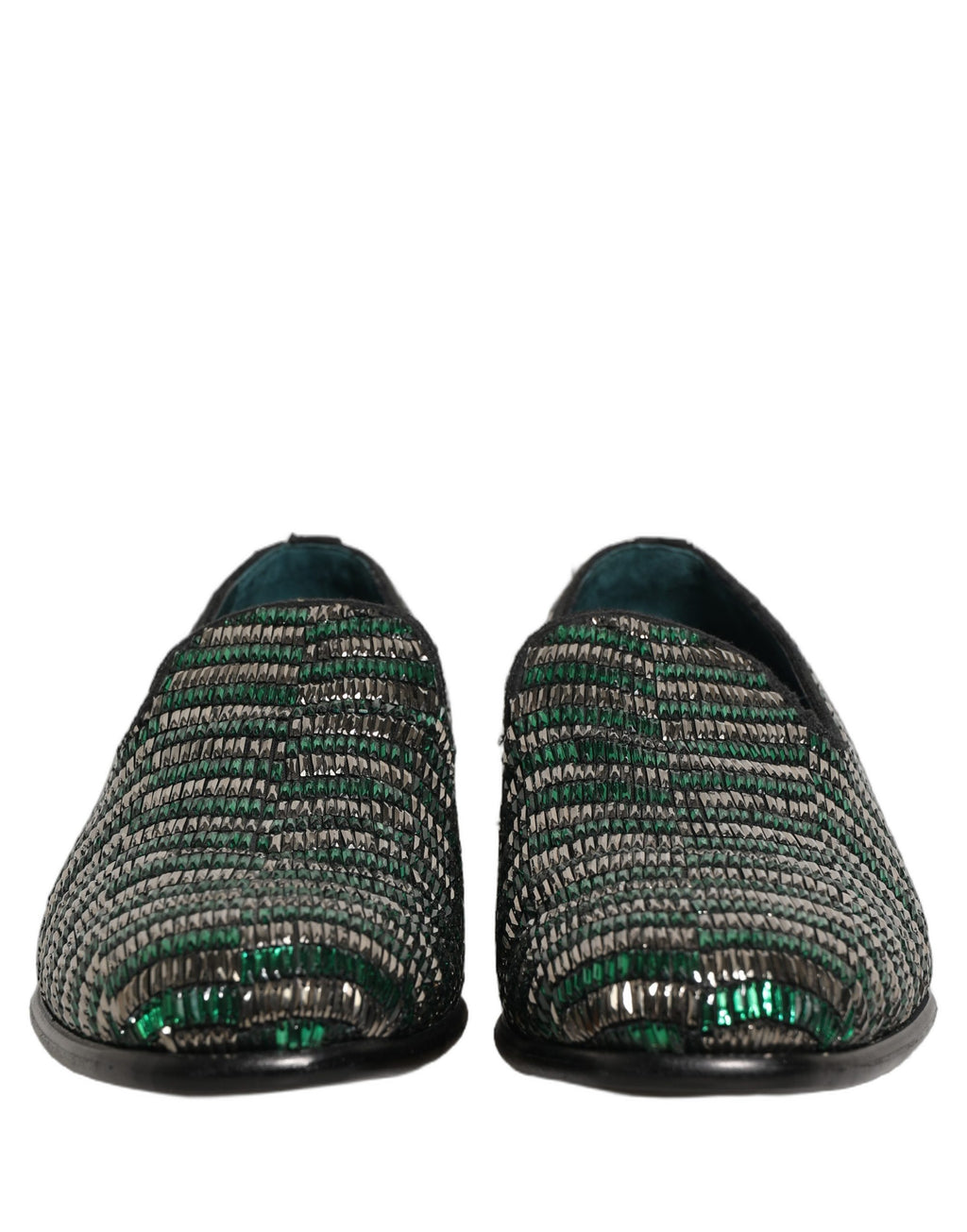 Dolce & Gabbana Silber Grüne Verzierte Kleid Mokassins Schuhe
