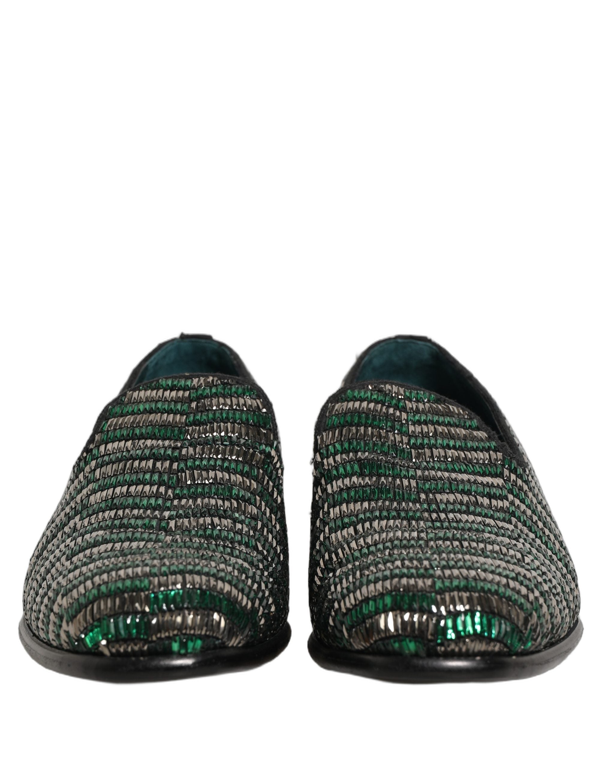 Dolce & Gabbana Silber Grüne Verzierte Kleid Mokassins Schuhe
