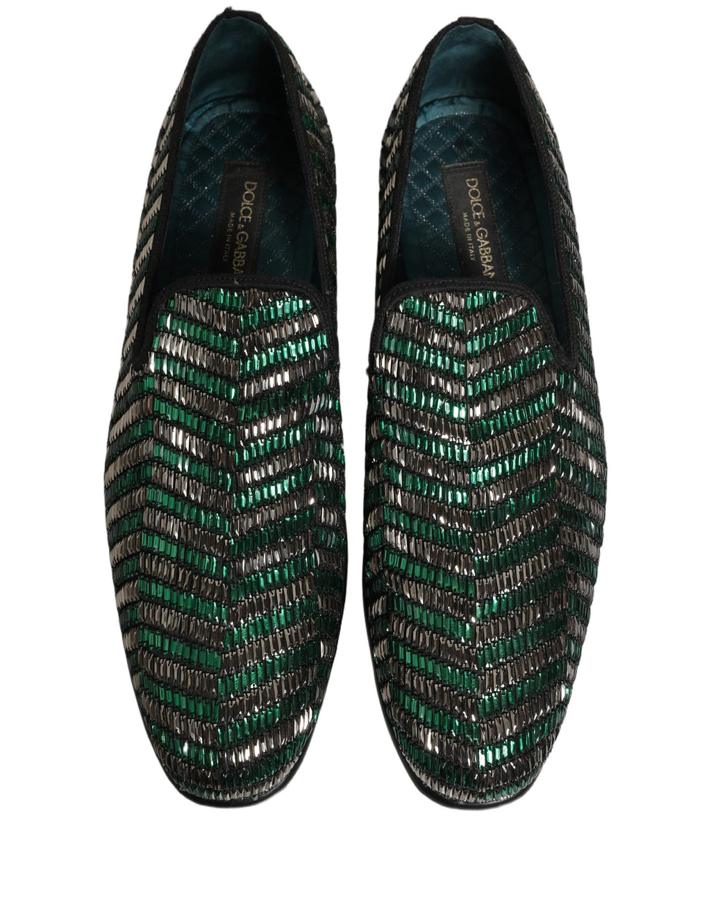 Dolce & Gabbana Silber Grüne Verzierte Kleid Mokassins Schuhe