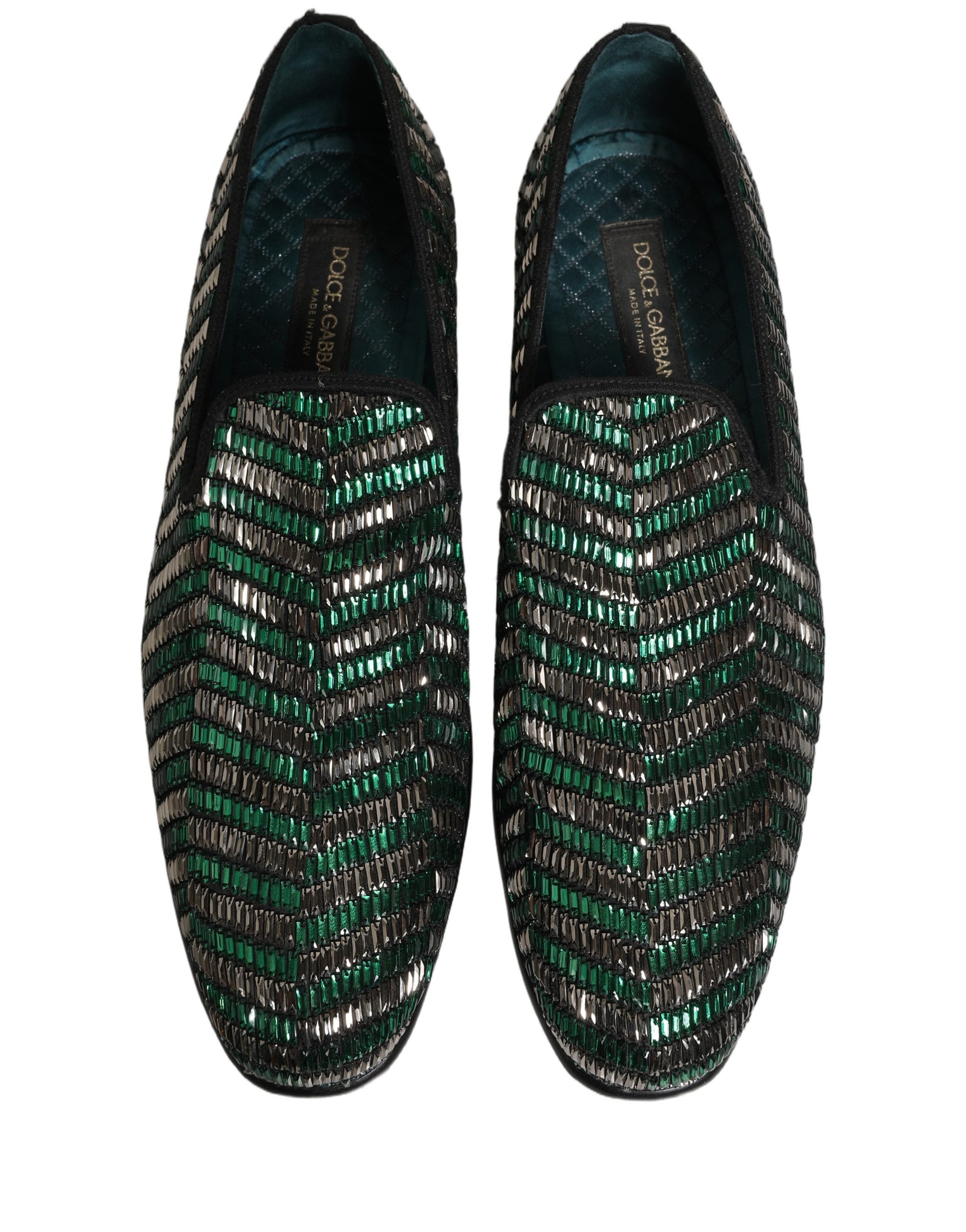 Dolce & Gabbana Silber Grüne Verzierte Kleid Mokassins Schuhe