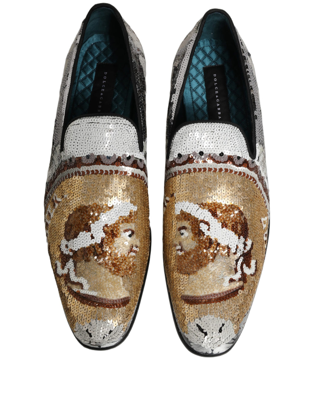 Dolce & Gabbana Slip-On Loafer-Schuhe aus Weißgold mit Pailletten