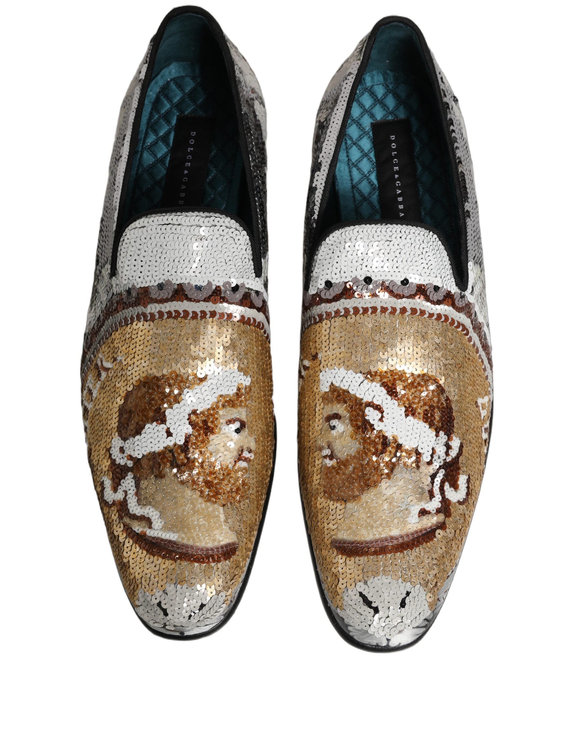 Dolce & Gabbana Slip-On Loafer-Schuhe aus Weißgold mit Pailletten