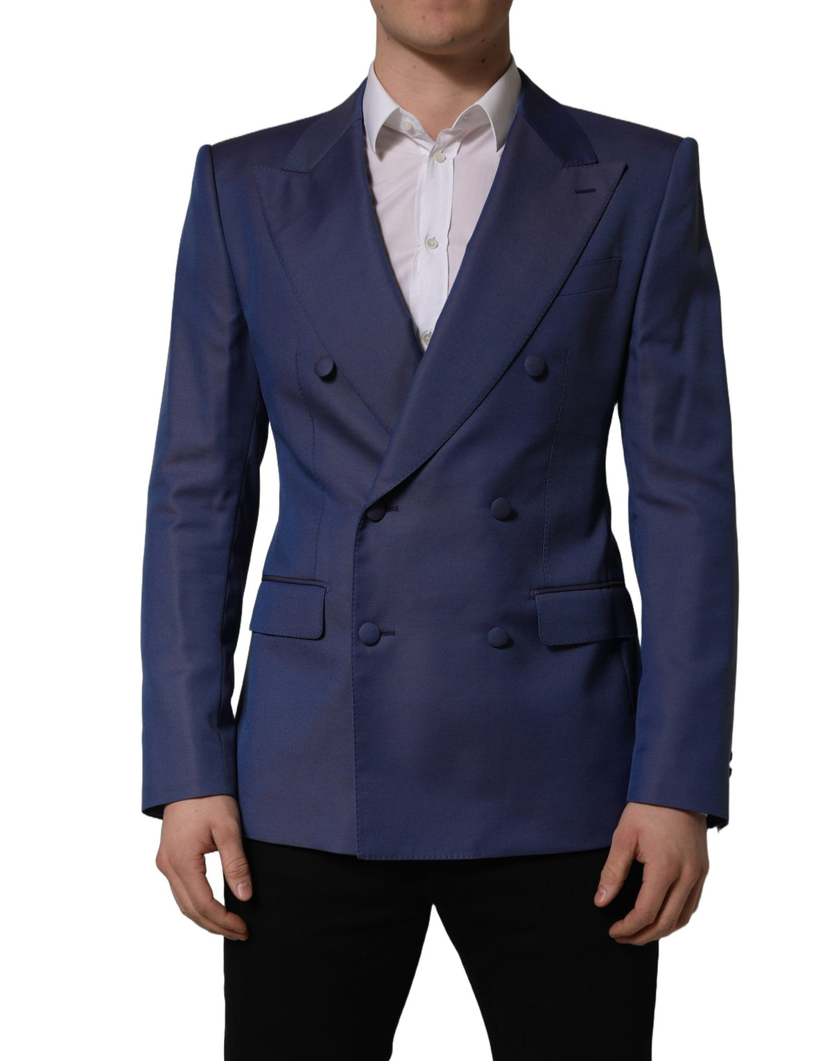 Dolce & Gabbana Blauer Herrenblazer aus Wolle mit doppelreihiger Knopfleiste