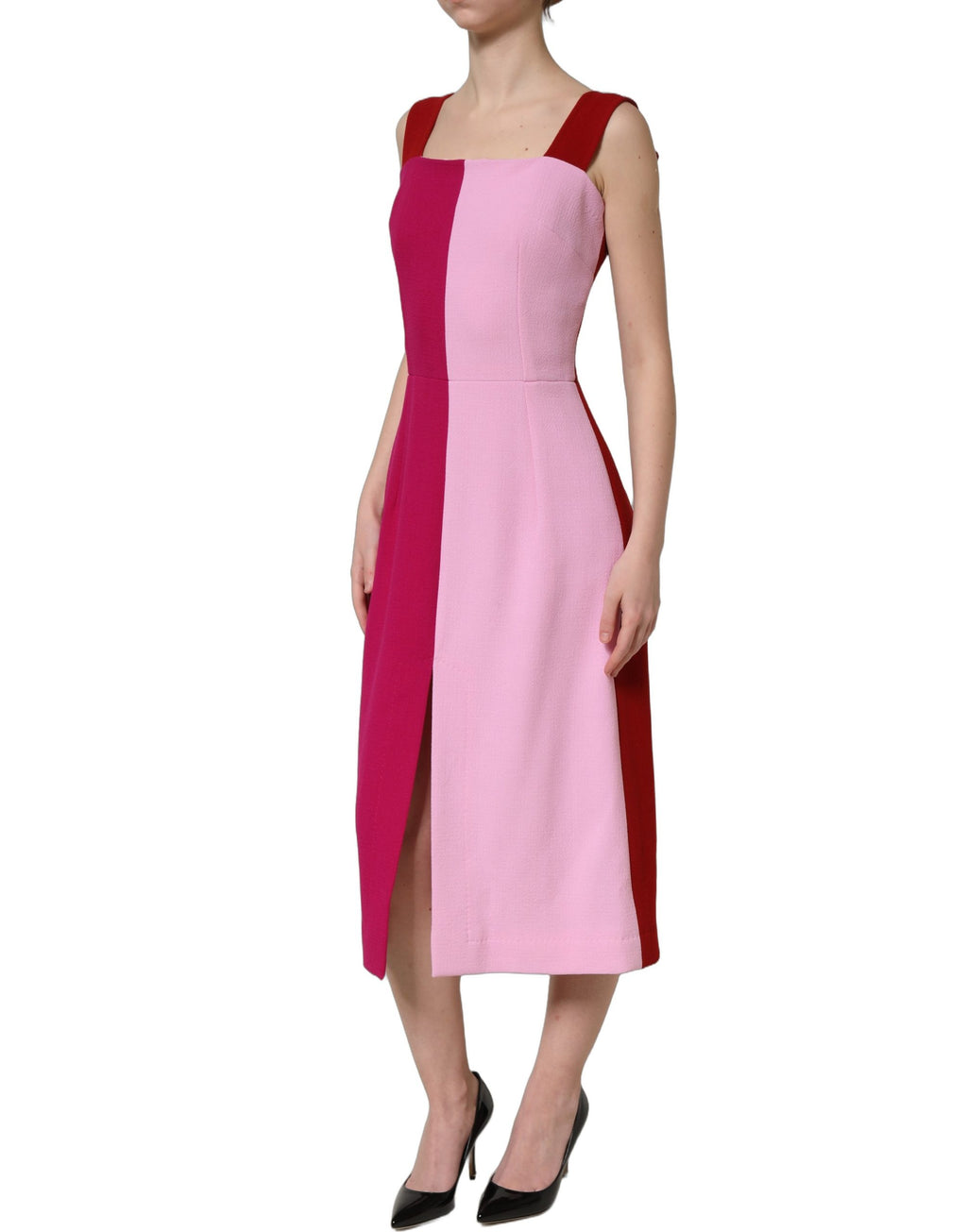 Dolce & Gabbana Zweifarbiges ärmelloses Midikleid aus rosa Wolle