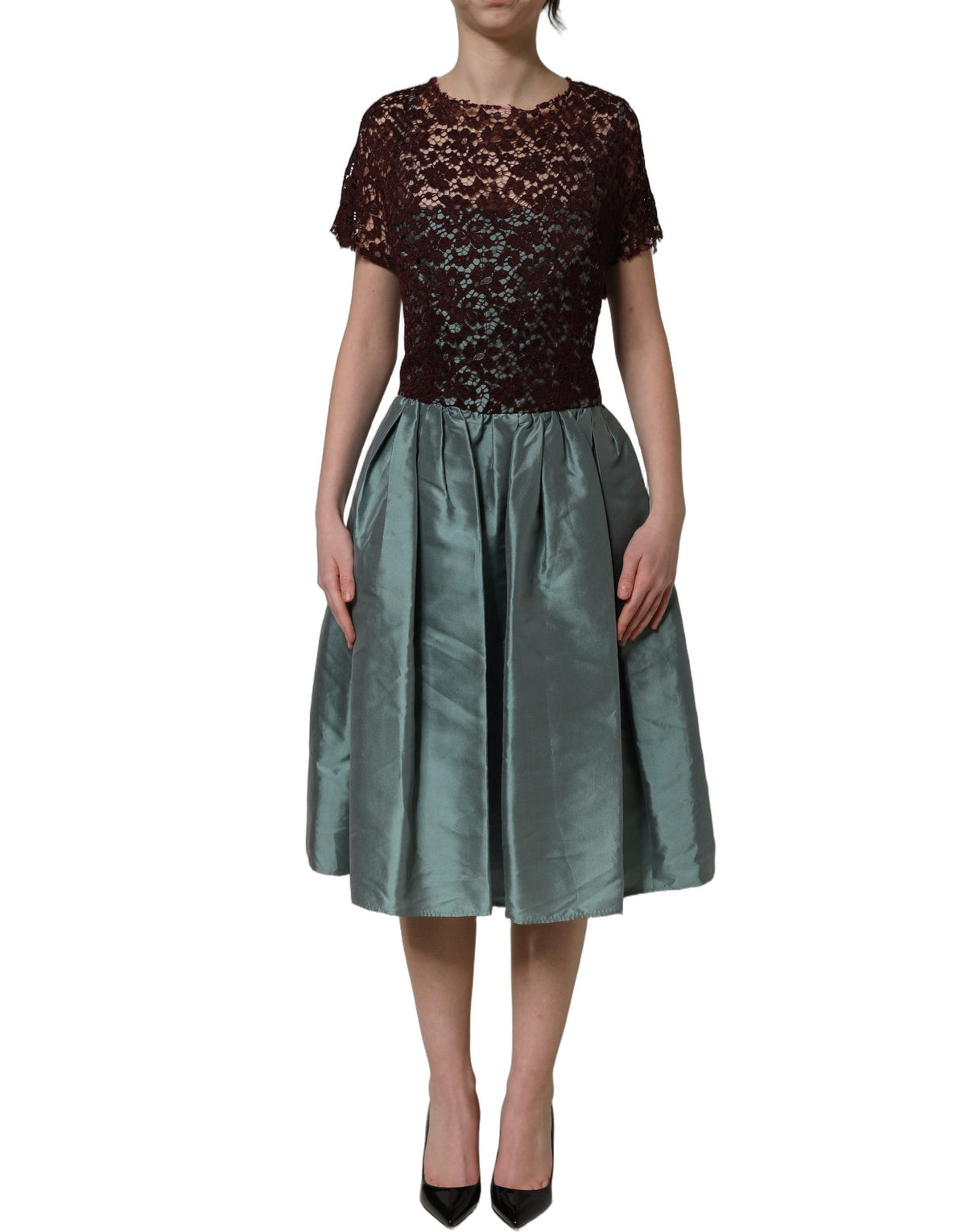 Dolce & Gabbana Midi-Kleid aus mehrfarbiger geblümter Spitze und Taft mit Falten