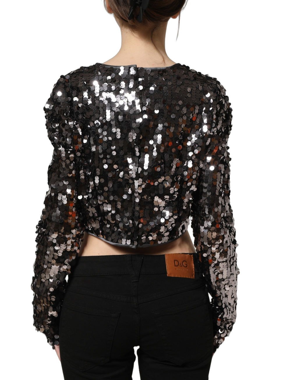 Dolce & Gabbana Schwarze Pailletten-Crop-Bluse mit langen Ärmeln
