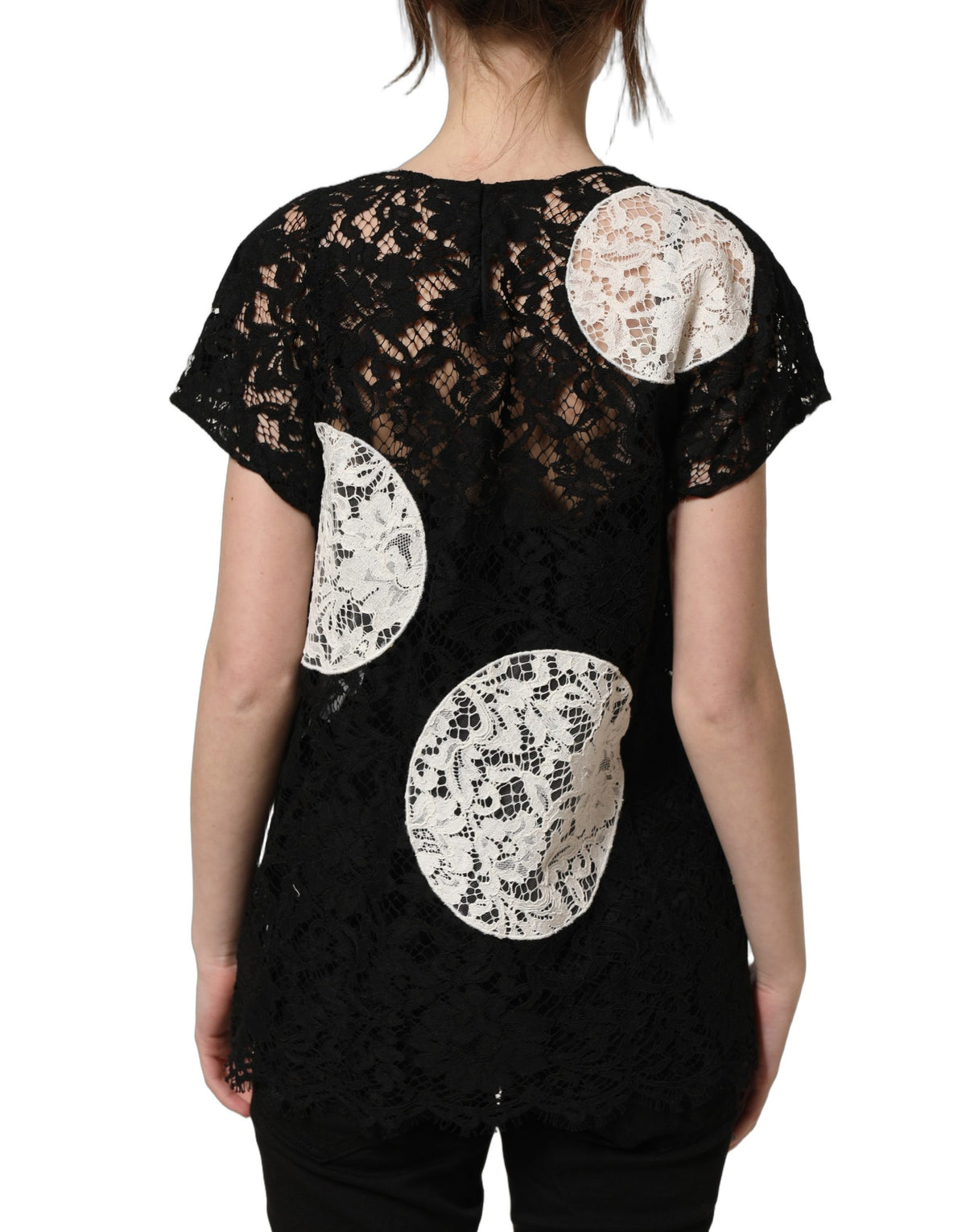 Dolce & Gabbana Schwarz-Weiß geblühte Kurzarmbluse aus Spitze
