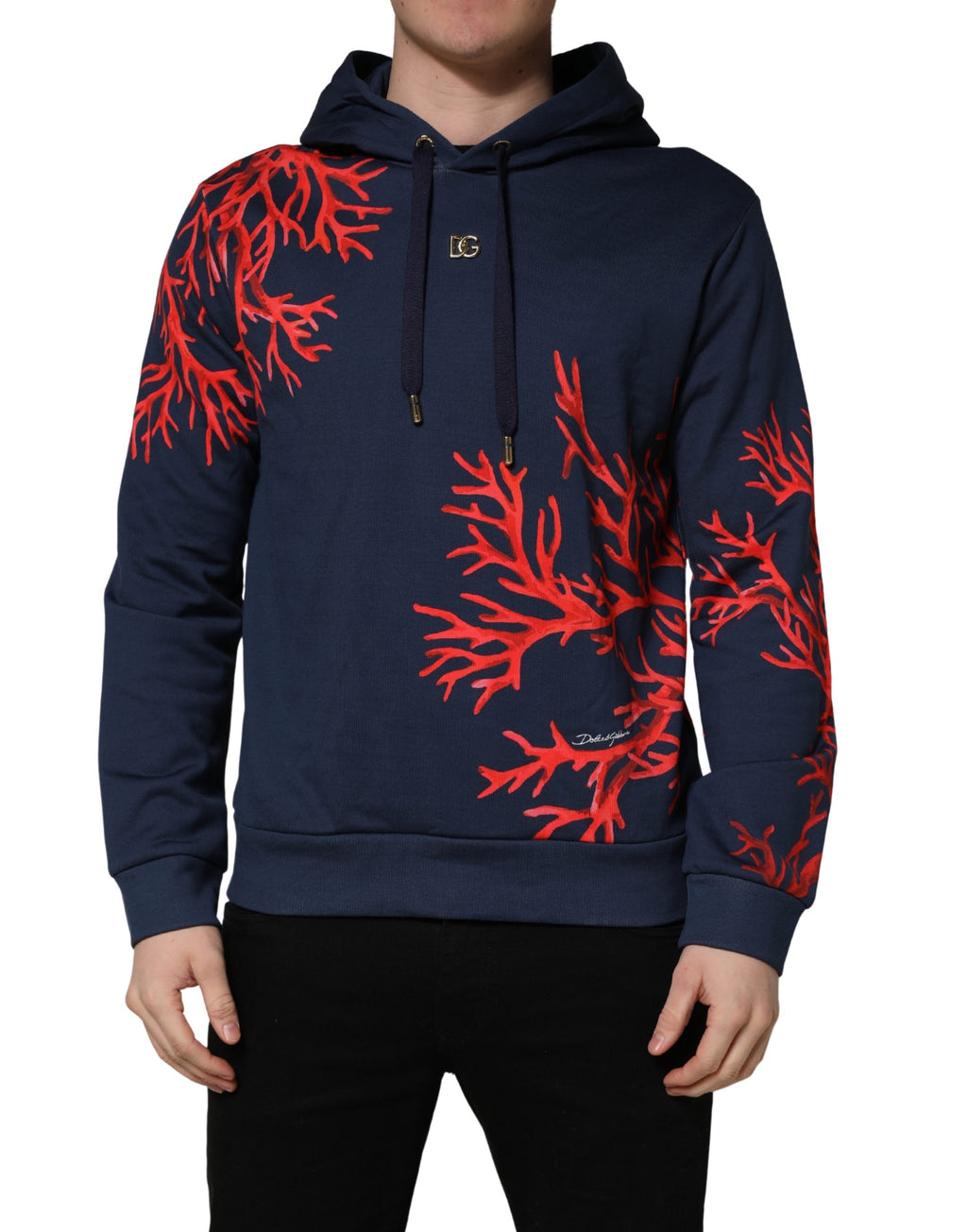 Dolce & Gabbana Blaues Baumwoll-Korallen-Logo Kapuzen-Sweatshirt Pullover
