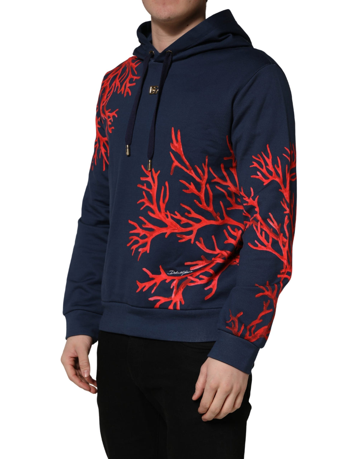Dolce & Gabbana Blaues Baumwoll-Korallen-Logo Kapuzen-Sweatshirt Pullover