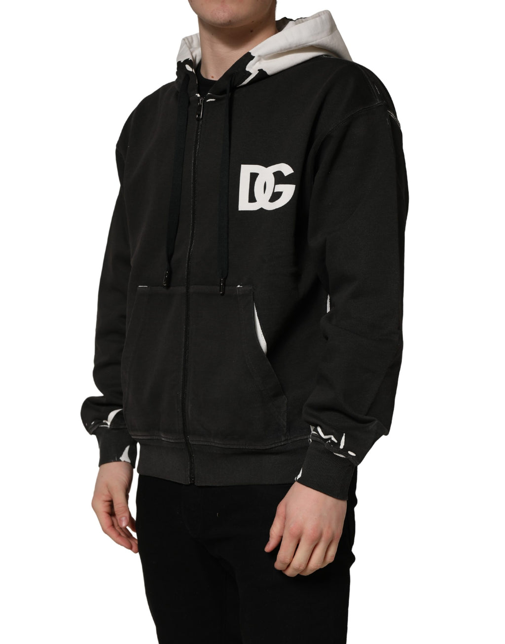 Dolce & Gabbana Schwarzer Kapuzenpullover aus Baumwolle mit Logo und durchgehendem Reißverschluss
