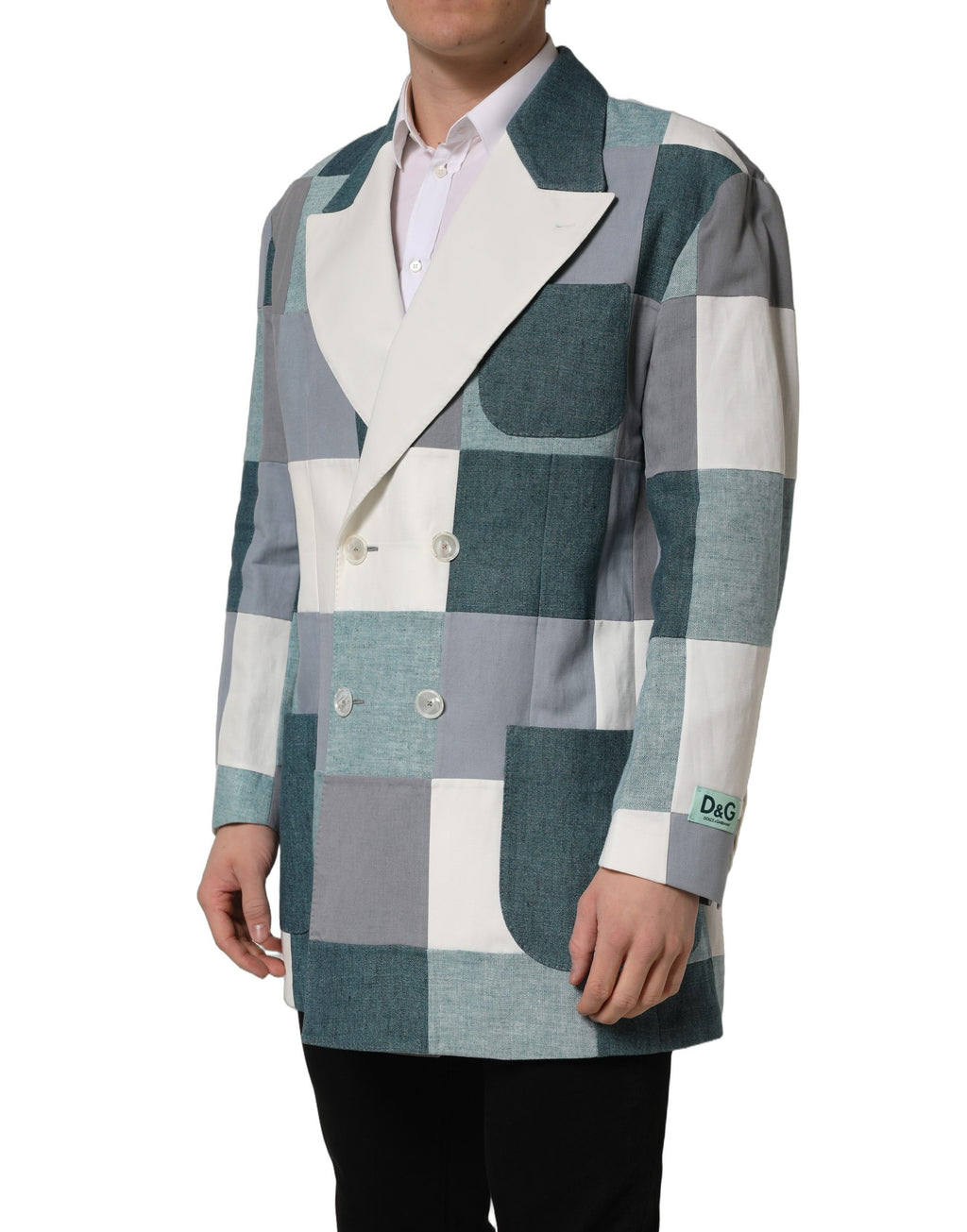 Dolce & Gabbana Zweireihige Patchwork-Leinenjacke in Multicolor