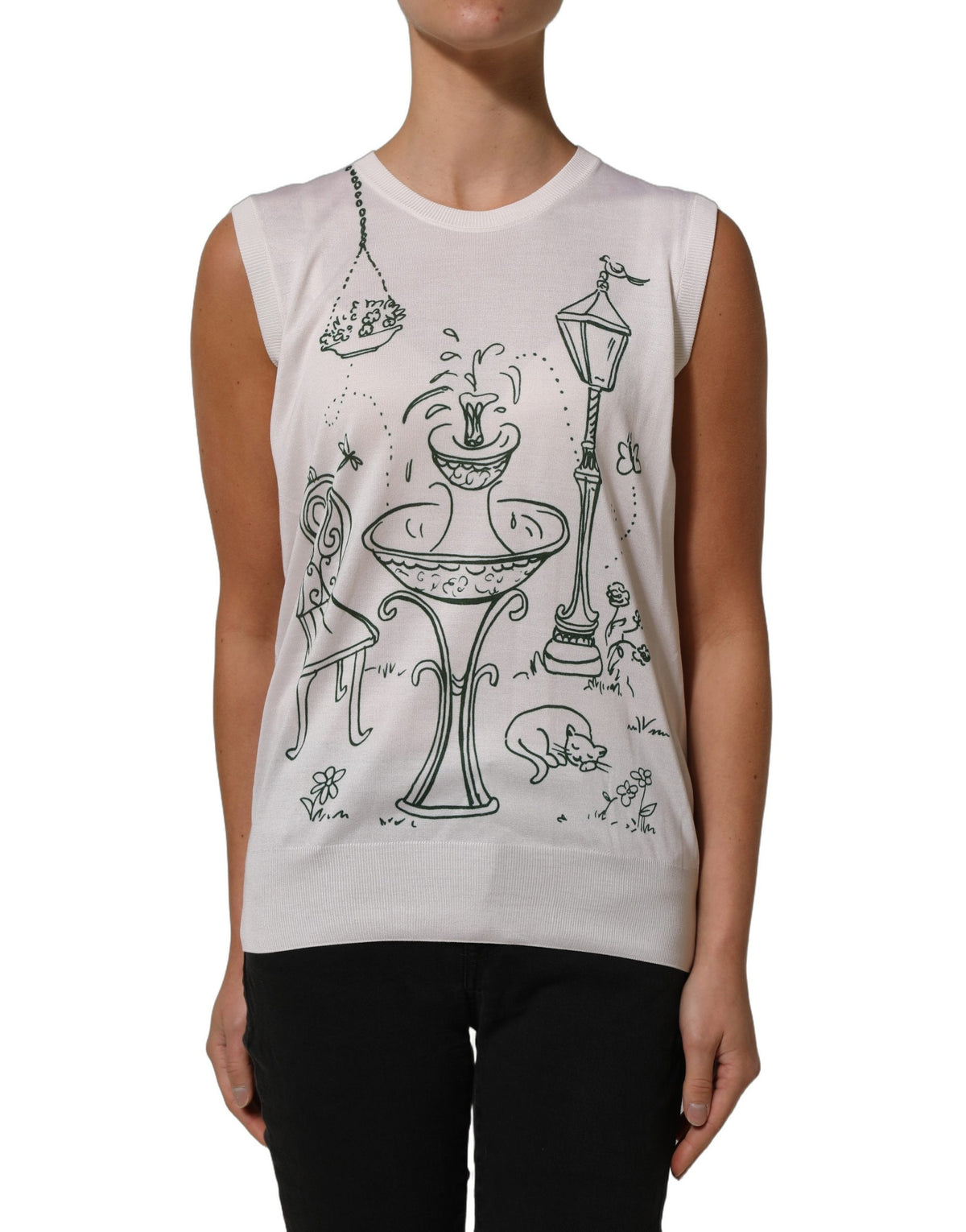 Dolce & Gabbana weißes Seidenstrick-Tanktop mit Gartenbrunnen-Print