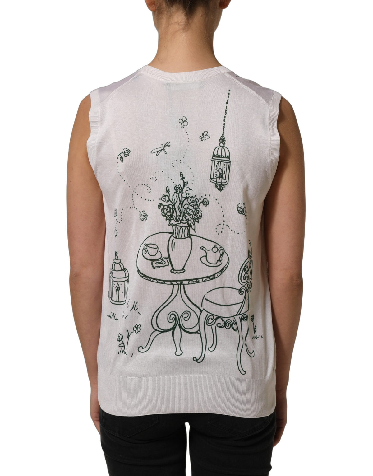 Dolce & Gabbana weißes Seidenstrick-Tanktop mit Gartenbrunnen-Print