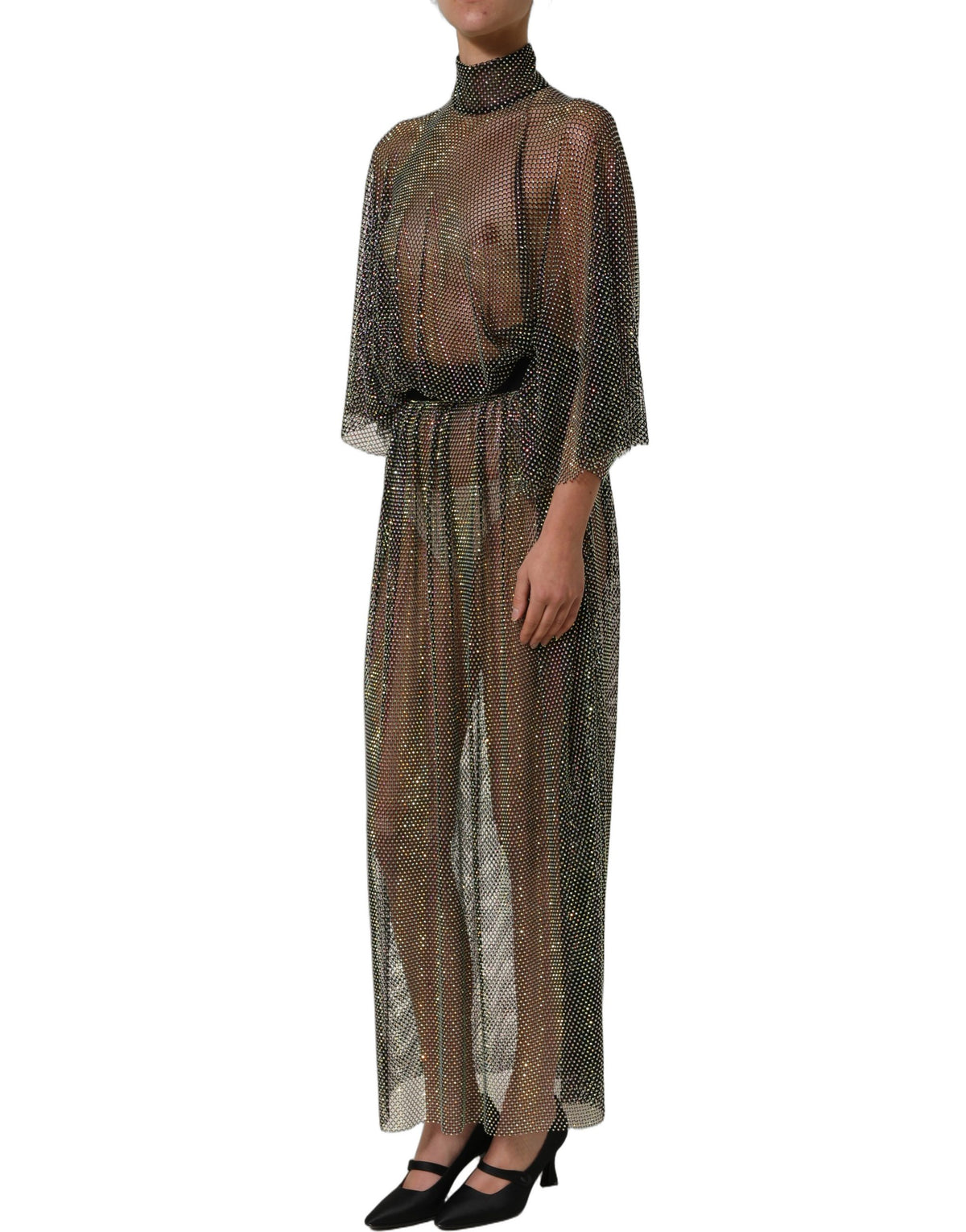 Dolce & Gabbana Maxikleid mit Rollkragen, schwarzem Strass und Mesh