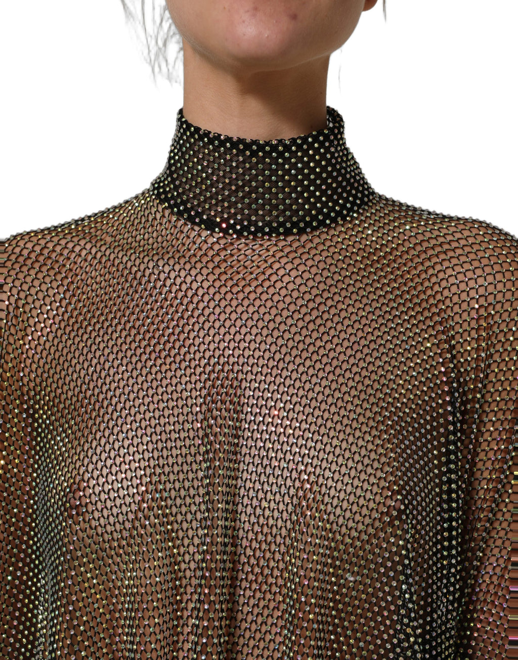 Dolce & Gabbana Maxikleid mit Rollkragen, schwarzem Strass und Mesh