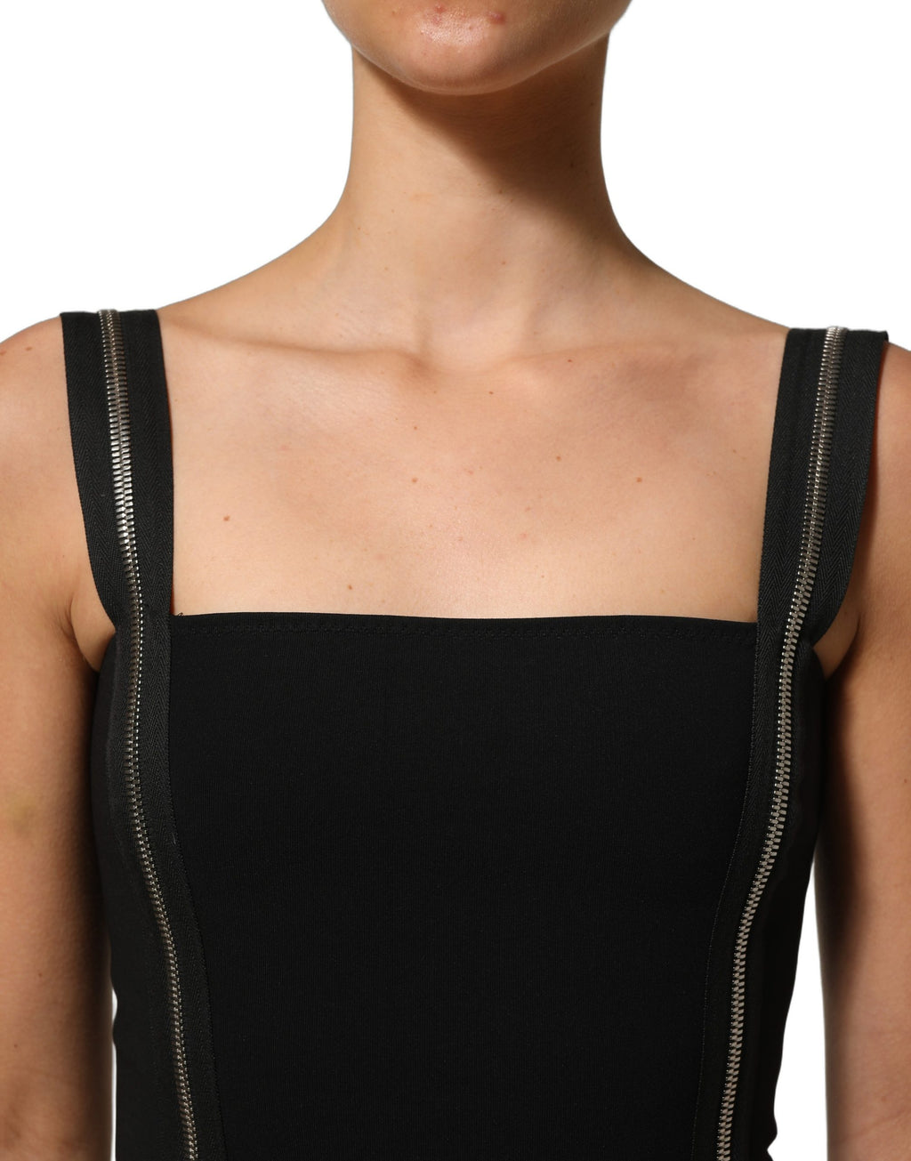 Dolce & Gabbana Schwarzes ärmelloses Midi-Kleid mit Frontreißverschluss