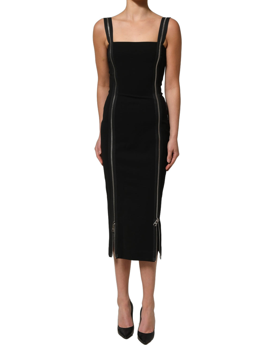 Dolce & Gabbana Schwarzes ärmelloses Midi-Kleid mit Frontreißverschluss