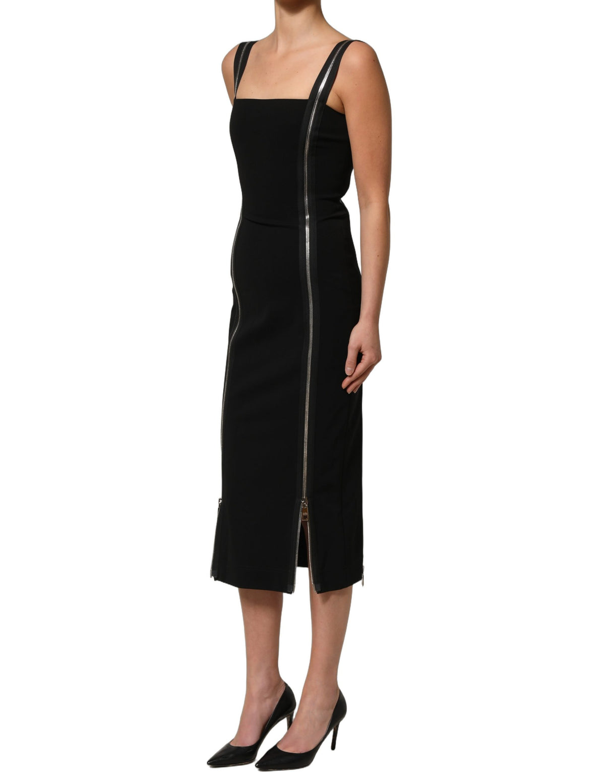 Dolce & Gabbana Schwarzes ärmelloses Midi-Kleid mit Frontreißverschluss