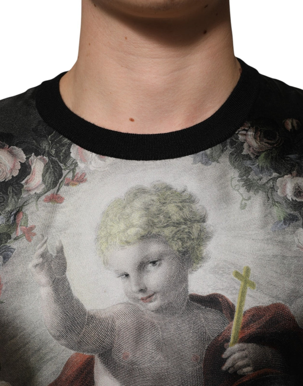 Dolce & Gabbana Black Cashmere Cherub Print Baroque Sweater