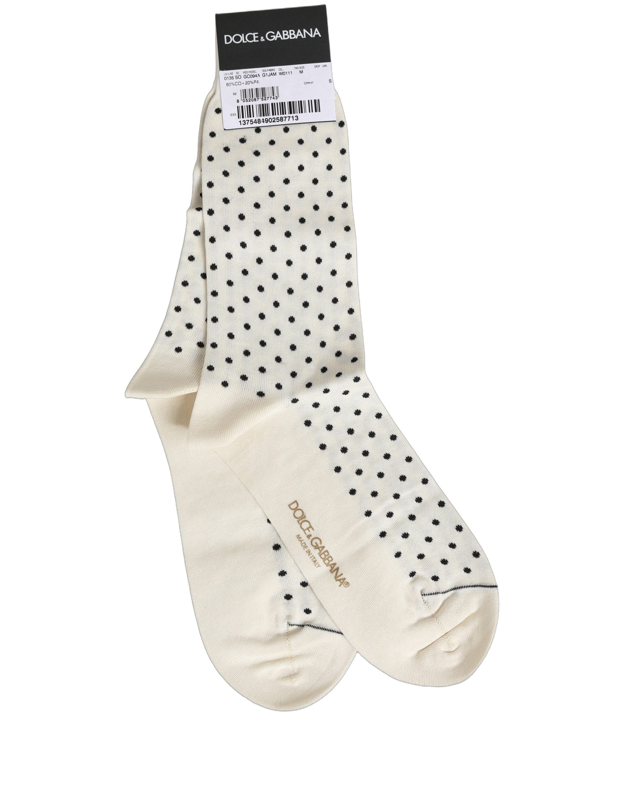 Dolce & Gabbana Off White Cotton Polka Dot Mid Calf Accessory Socks