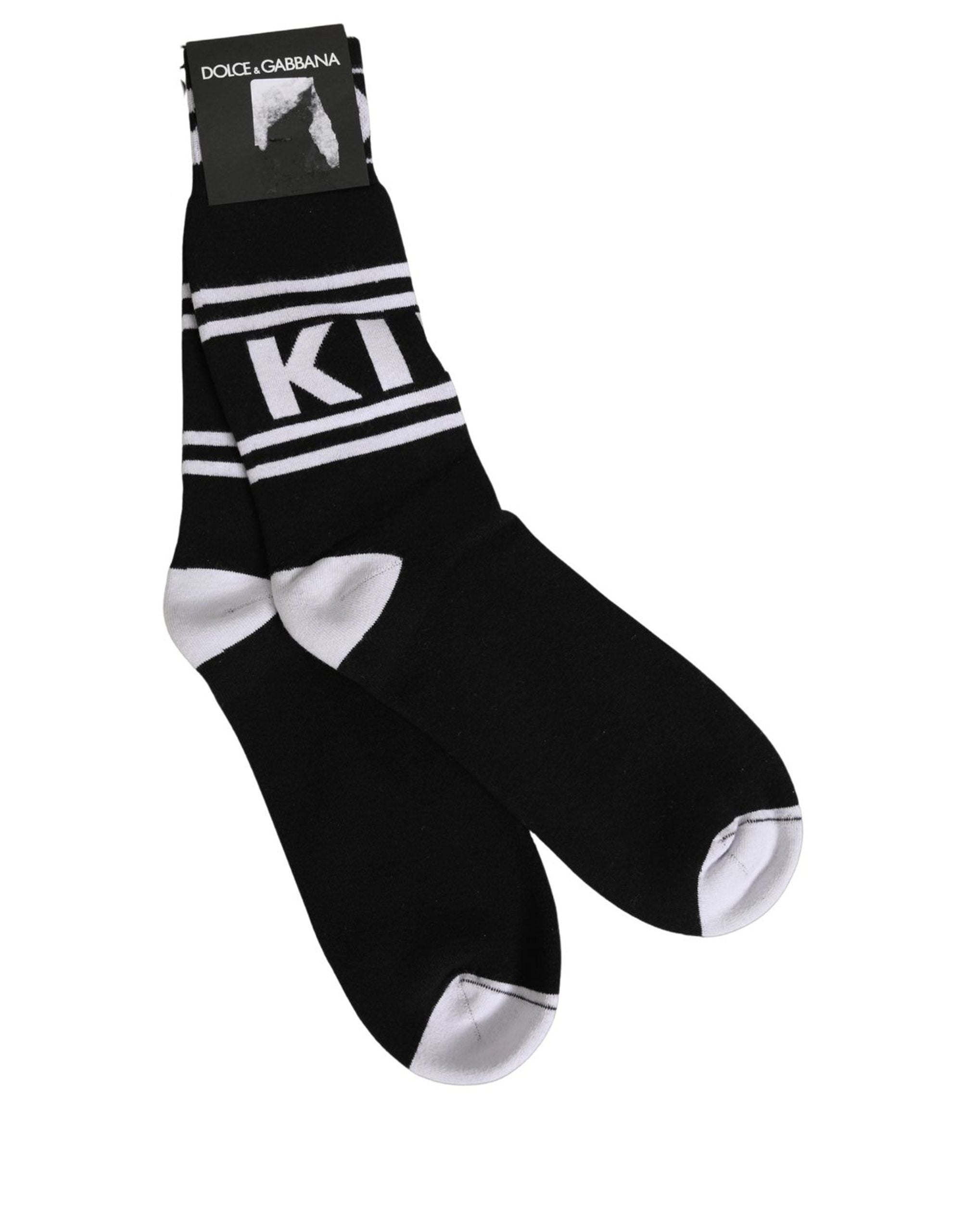 Dolce & Gabbana Black White Logo Stripes Mid Calf Accessory Socks