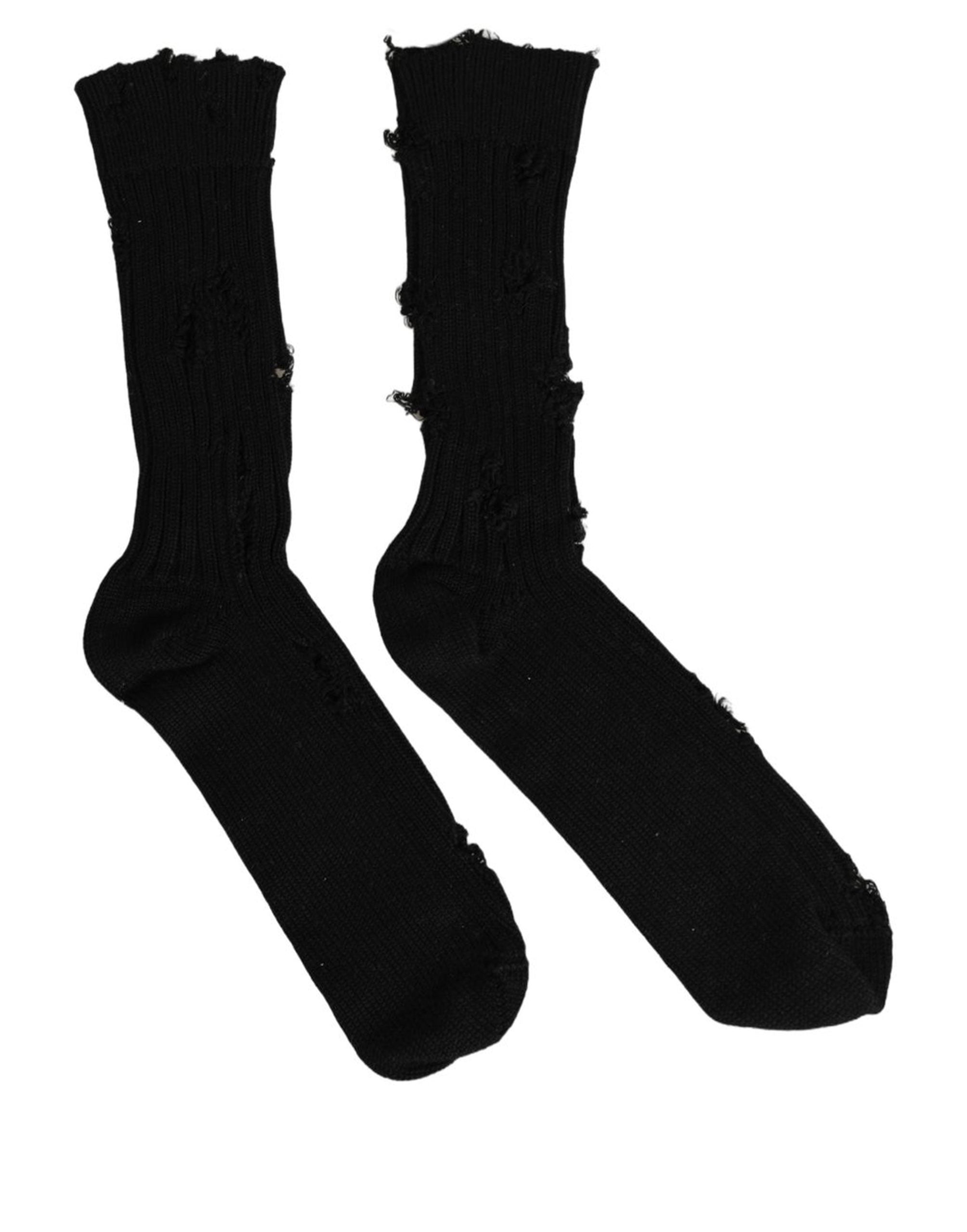 Dolce & Gabbana Black Cotton Distressed Mid Calf Accessory Socks