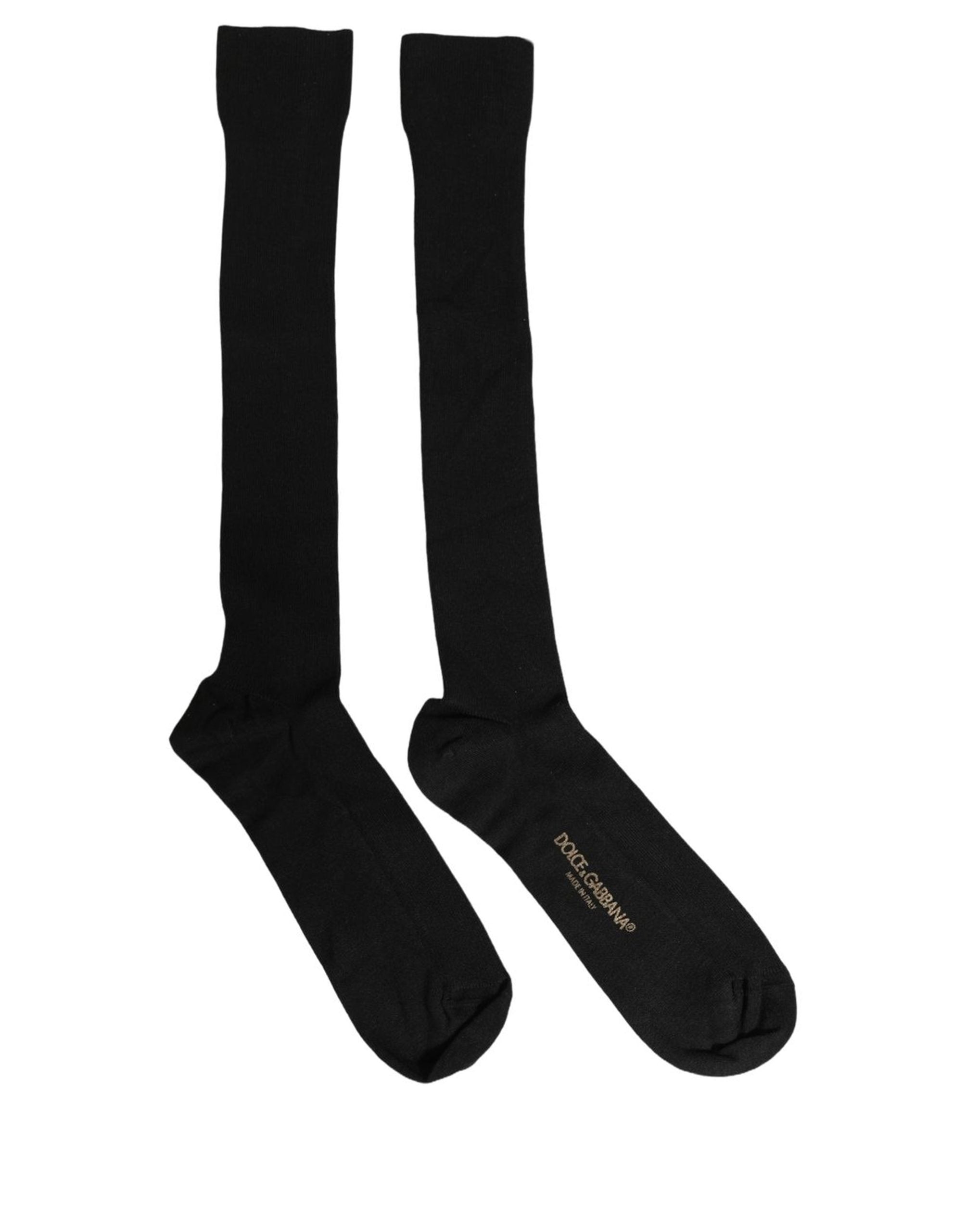 Dolce & Gabbana Black Cotton Ribbed Logo Over The Calf Women Socks