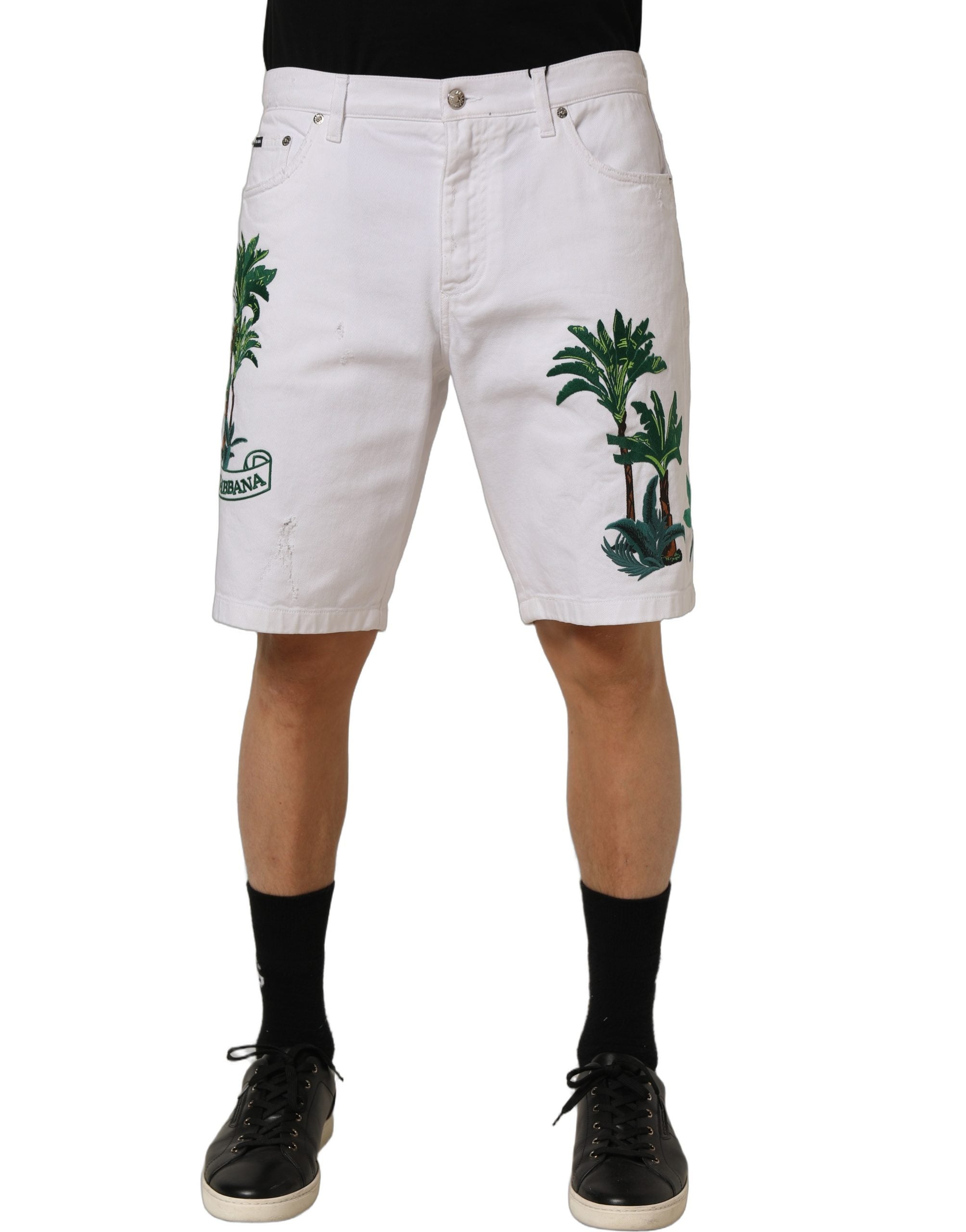 Dolce & Gabbana White Palm Embroidery Denim Bermuda Shorts
