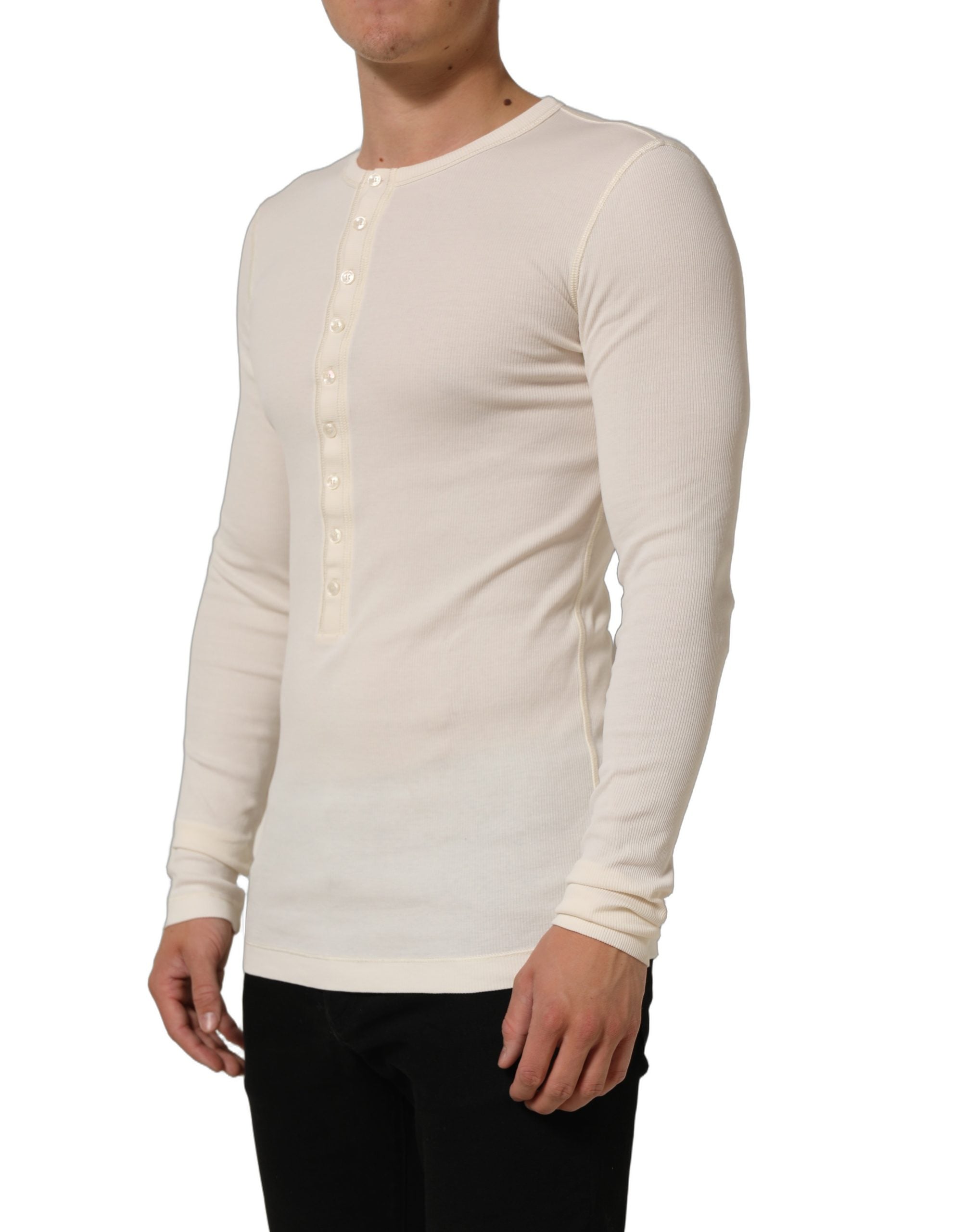 Dolce & Gabbana Off White Cotton Henley Long Sleeves T-shirt