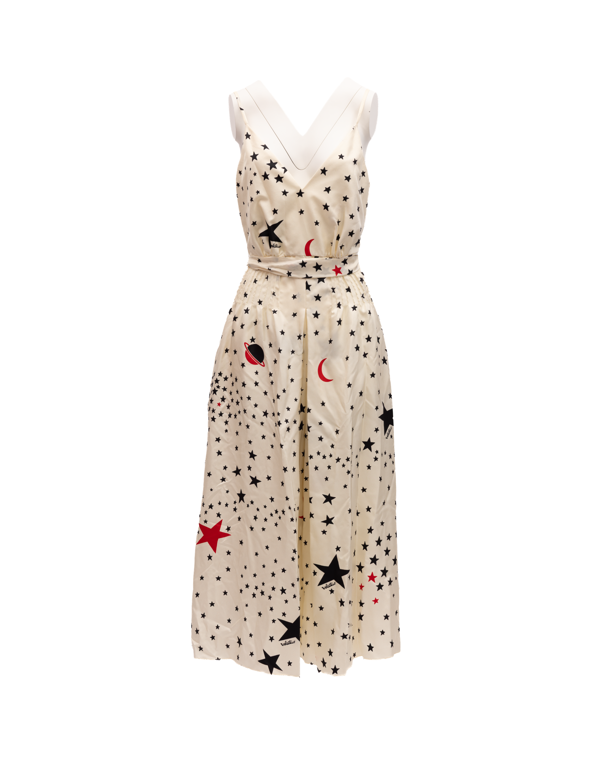 Valentino Garavani Midi Cream With Black And Red Stars Dress