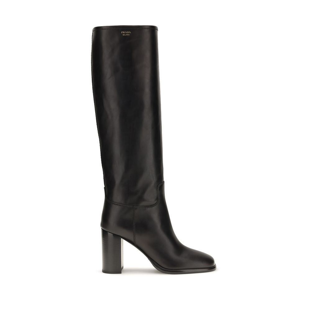 Prada Black Calf Leather Bos Taurus High Heel Boots