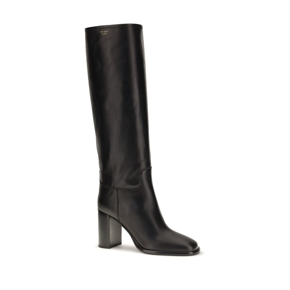 Prada Black Calf Leather Bos Taurus High Heel Boots