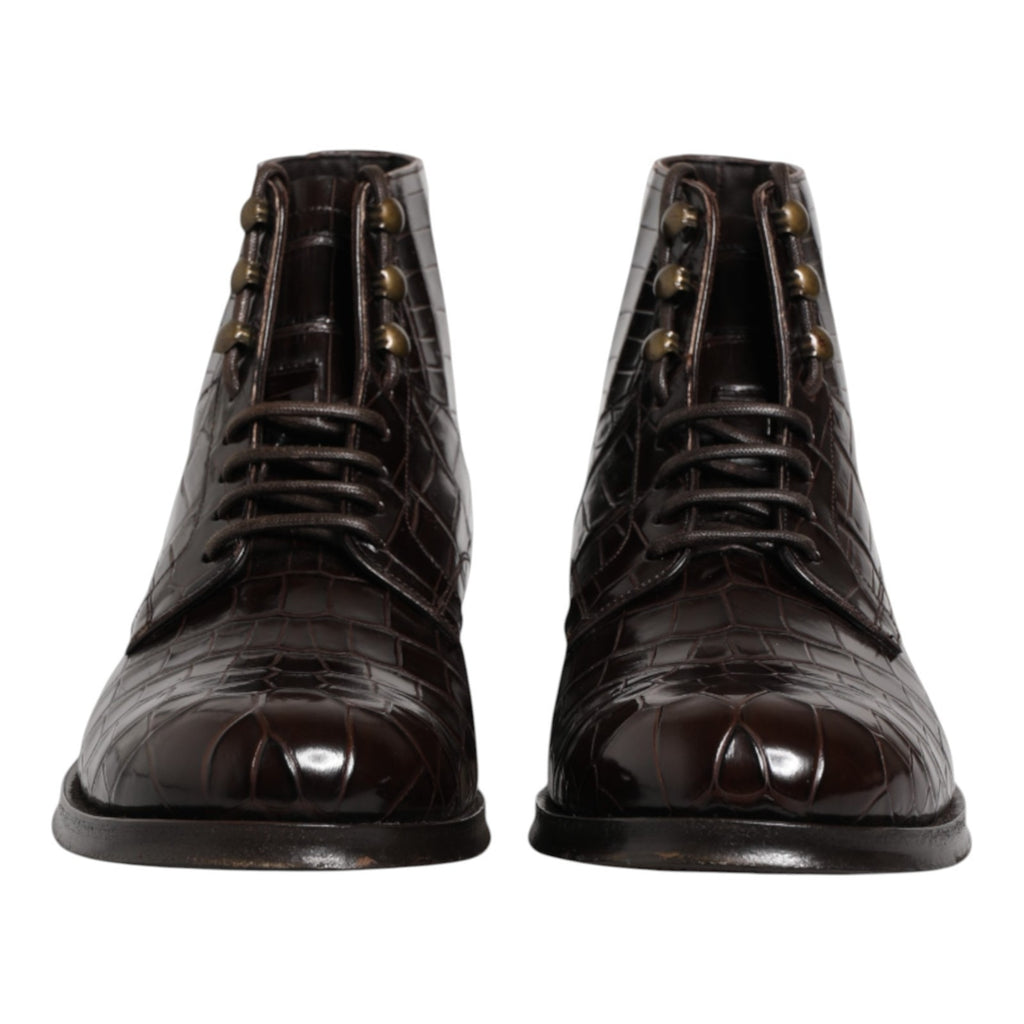 Dolce & Gabbana Dark Brown Leather Lace Up Short Boots Shoes