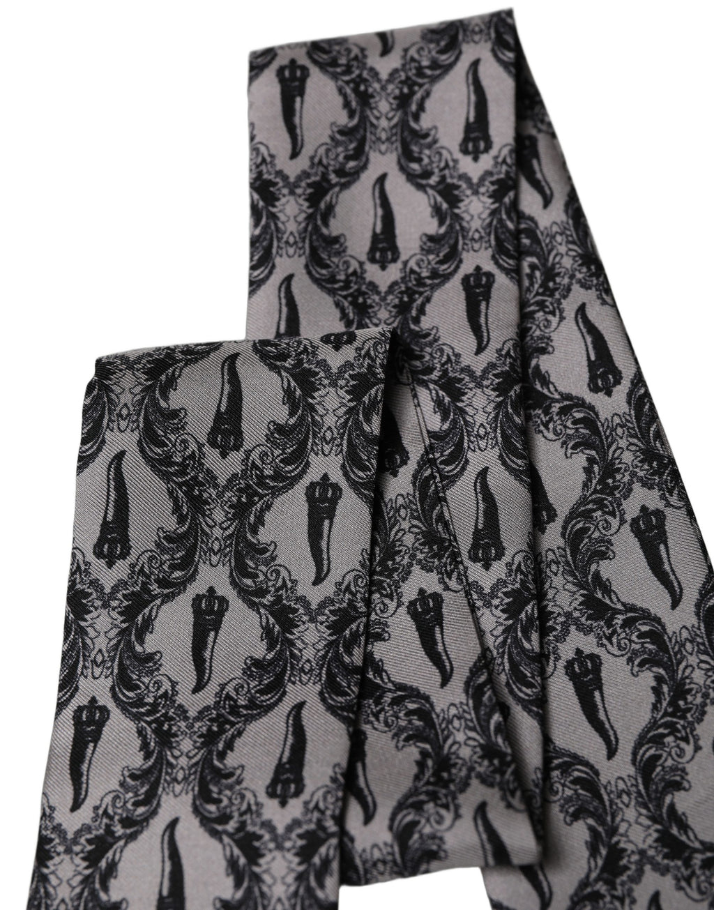 Dolce & Gabbana Gray Baroque Silk Fringed Skinny Foulard Scarf