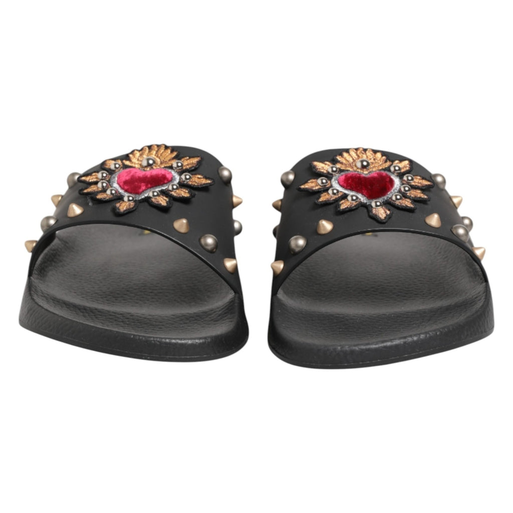 Dolce & Gabbana Black Heart Patch Rubber Calfskin Slippers Shoes