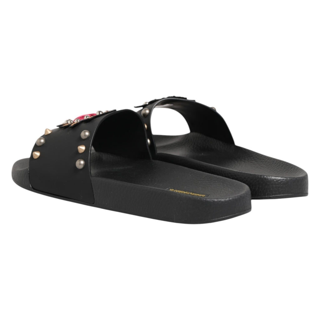Dolce & Gabbana Black Heart Patch Rubber Calfskin Slippers Shoes