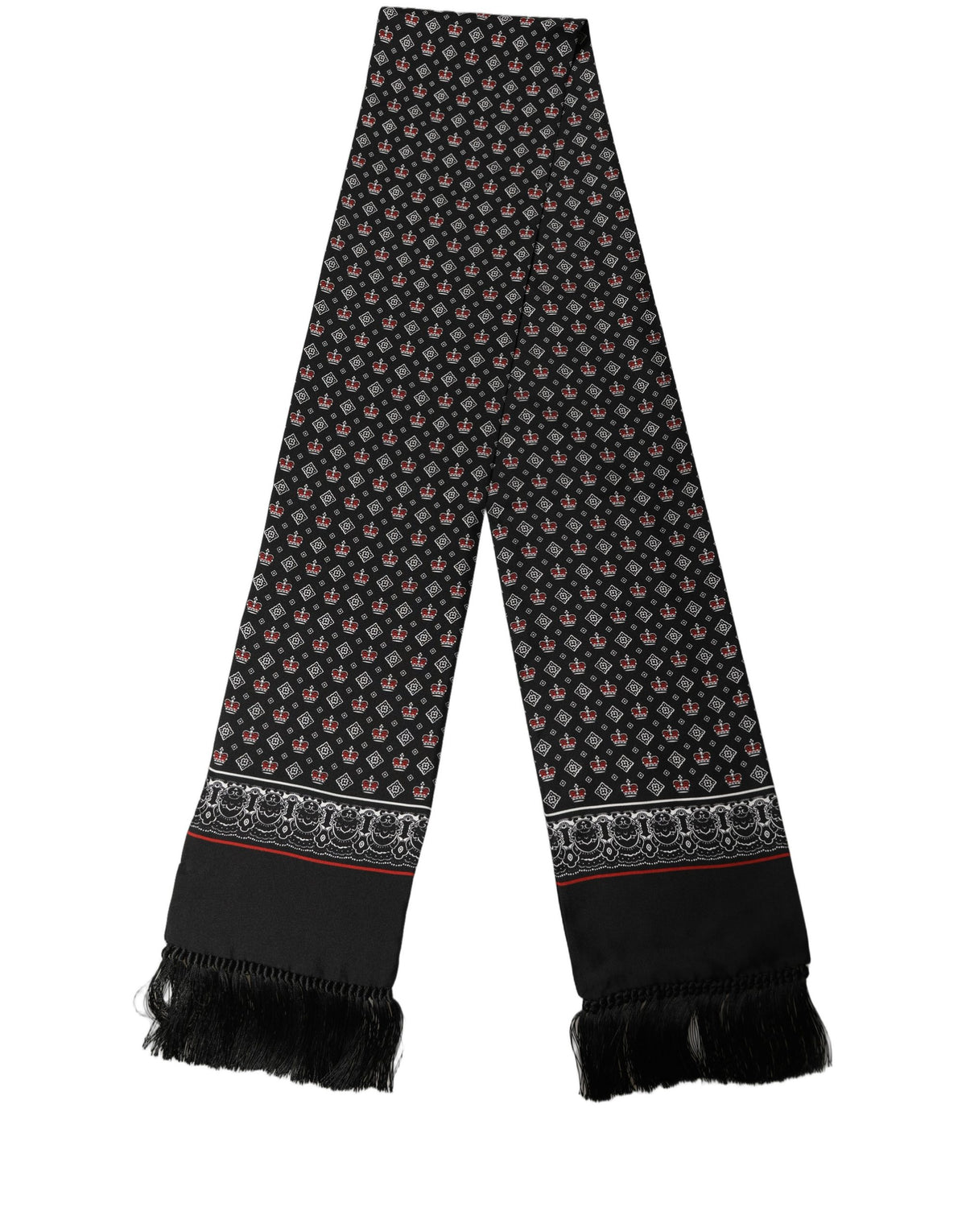 Dolce & Gabbana Black Silk Crown Fringed Neck Shawl Scarf
