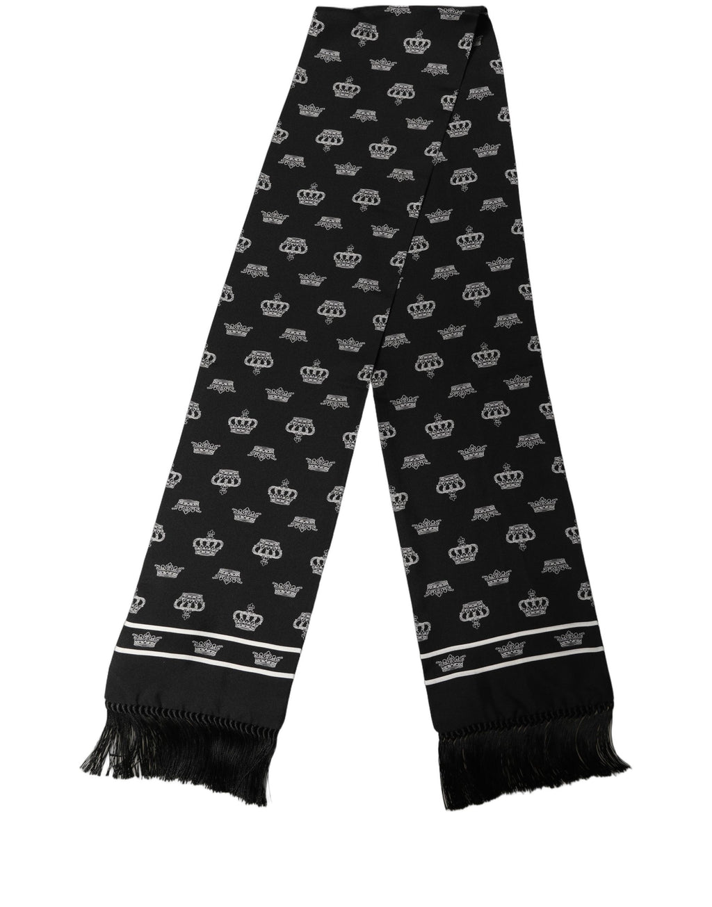 Dolce & Gabbana Black Silk Crown Fringed Neck Shawl Scarf