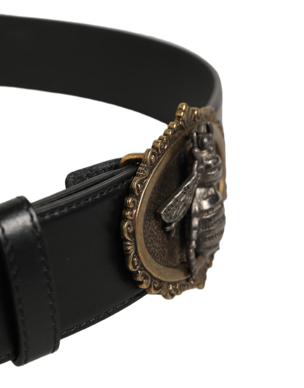 Dolce & Gabbana Black Leather Bee Accent Metal Buckle Belt