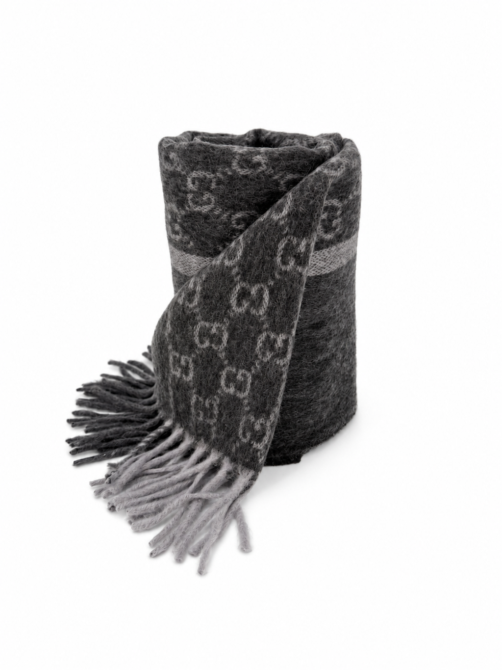 Gucci Monogram Charcoal Grey Cashmere & Wool Scarf with Fringe