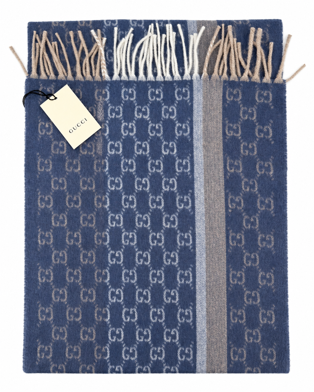 Gucci Monogram Blue Cashmere & Wool Scarf with Beige & Cream Fringe